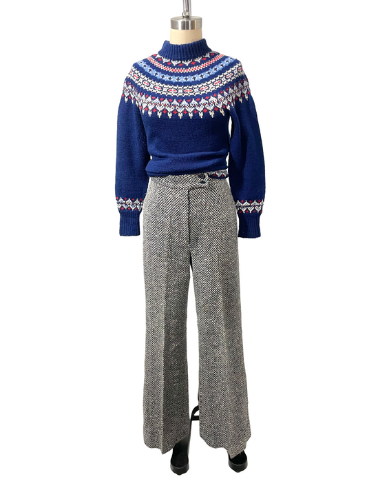 1970s White Navy Colorful Speckle Herringbone Creased Trousers