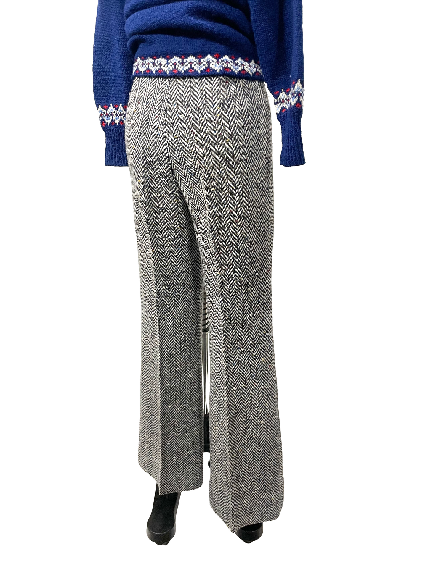 1970s White Navy Colorful Speckle Herringbone Creased Trousers