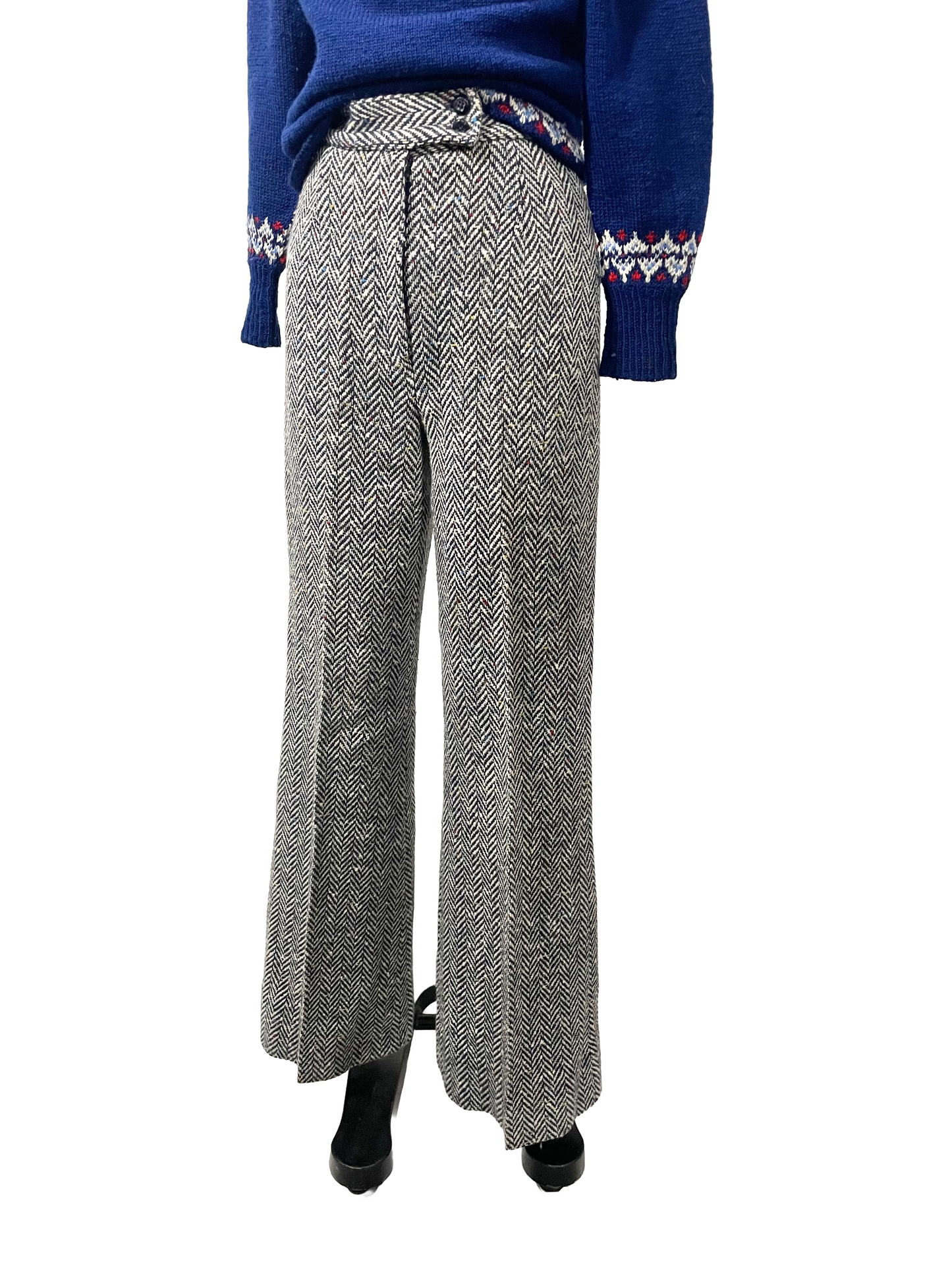 1970s White Navy Colorful Speckle Herringbone Creased Trousers