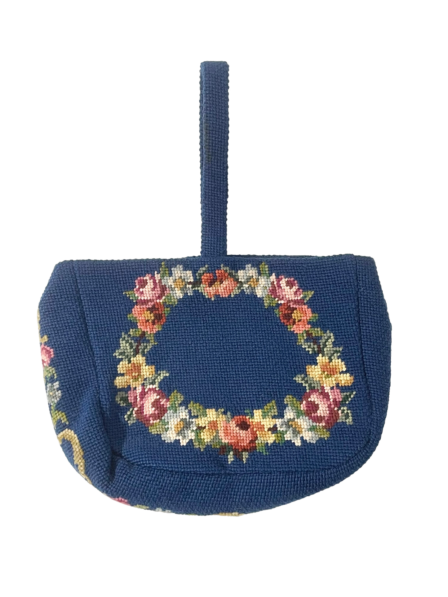 1970s Navy Yarn Handicraft Tapestry Handbag