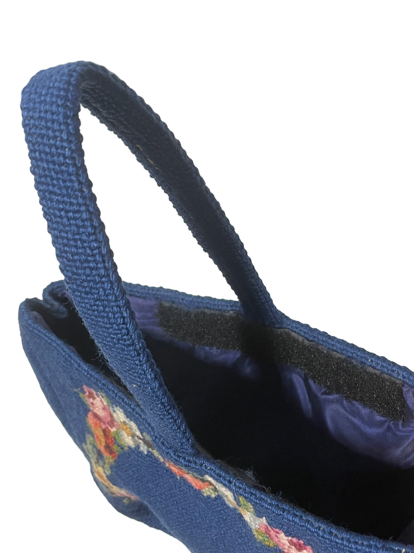 1970s Navy Yarn Handicraft Tapestry Handbag