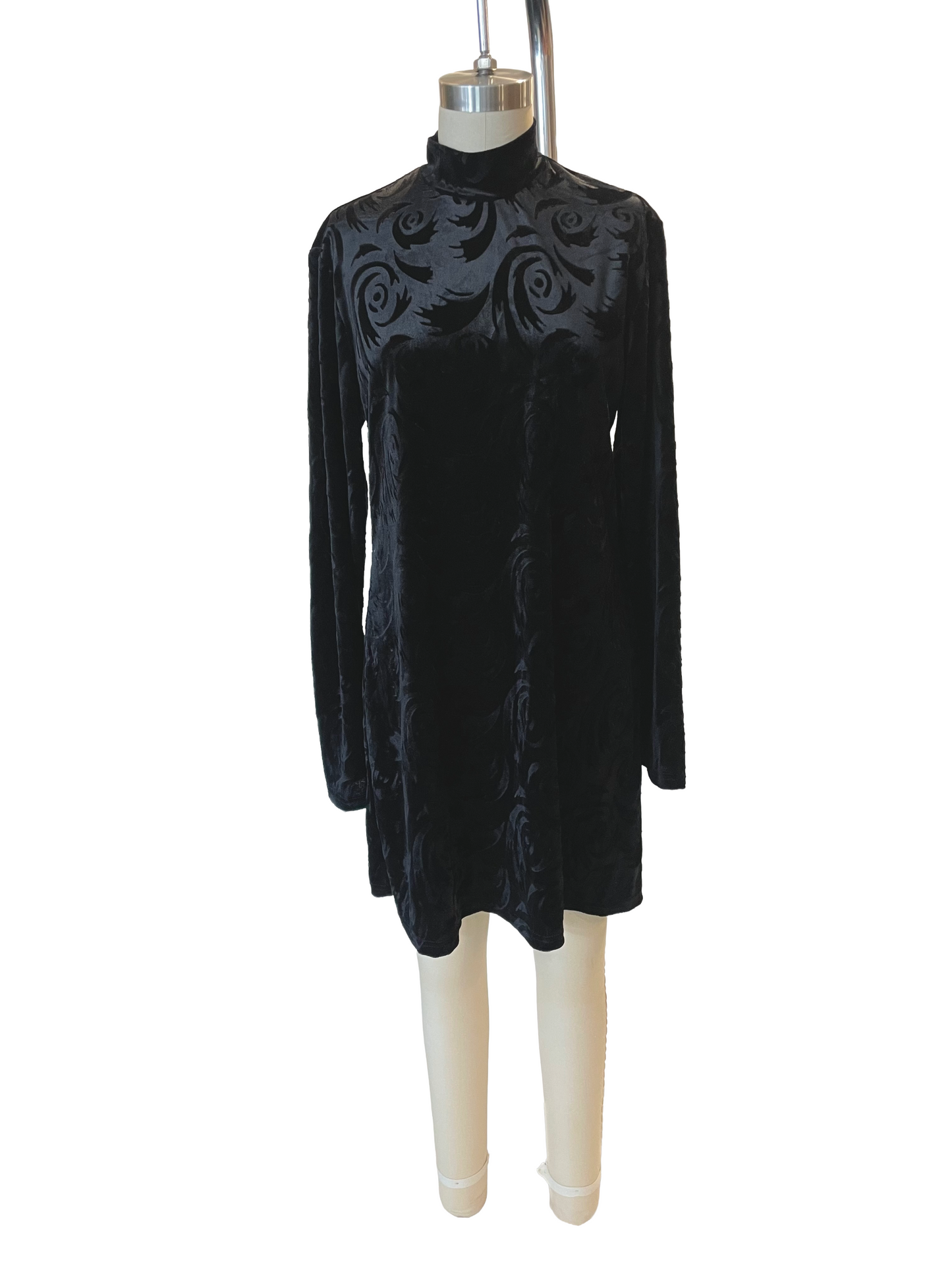 1990s Black Flocked Velour Mockneck Mini Dress