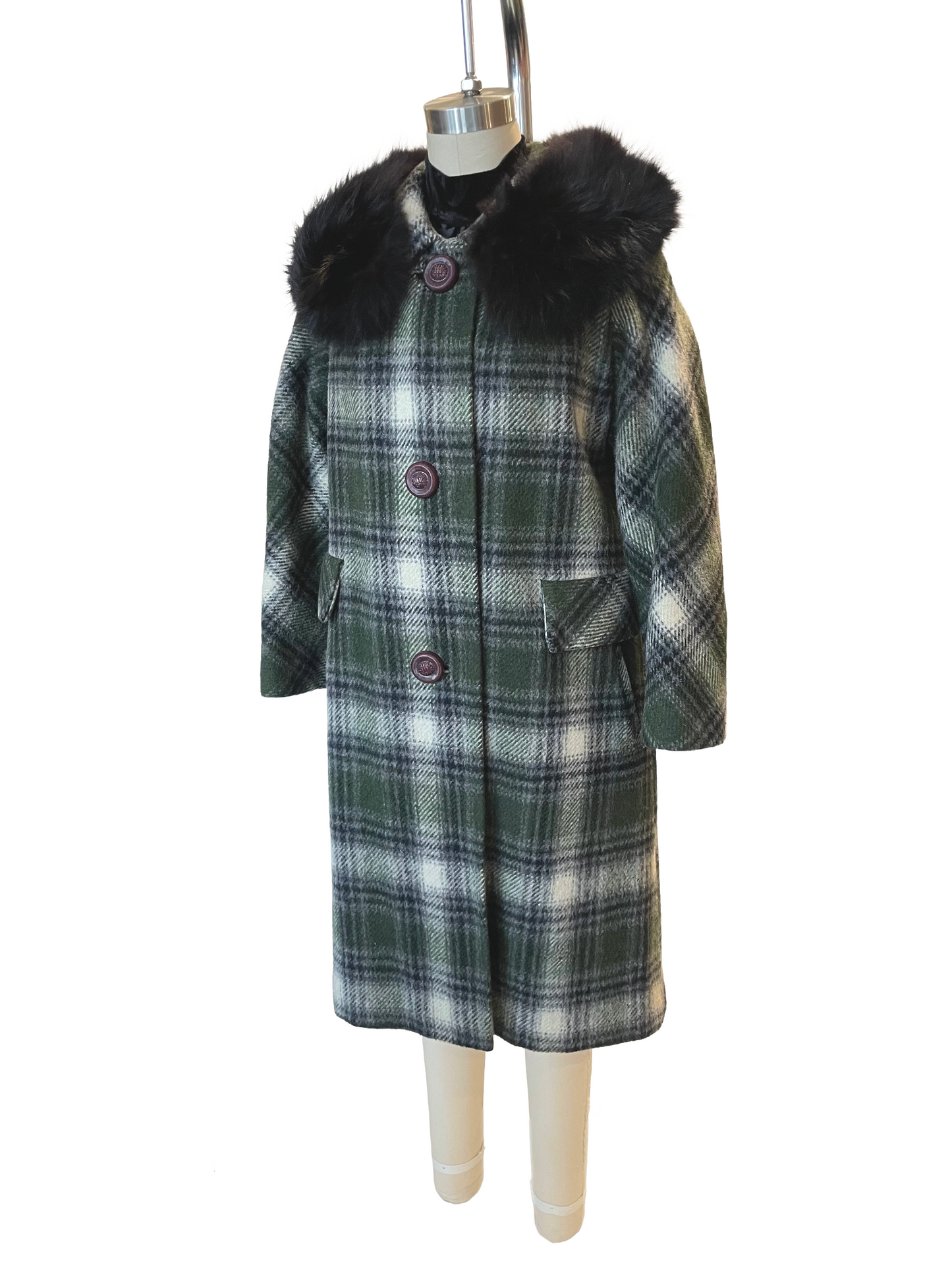 1950s Olive Black Cream Plaid Wool Rabbit Fur Collar Coat