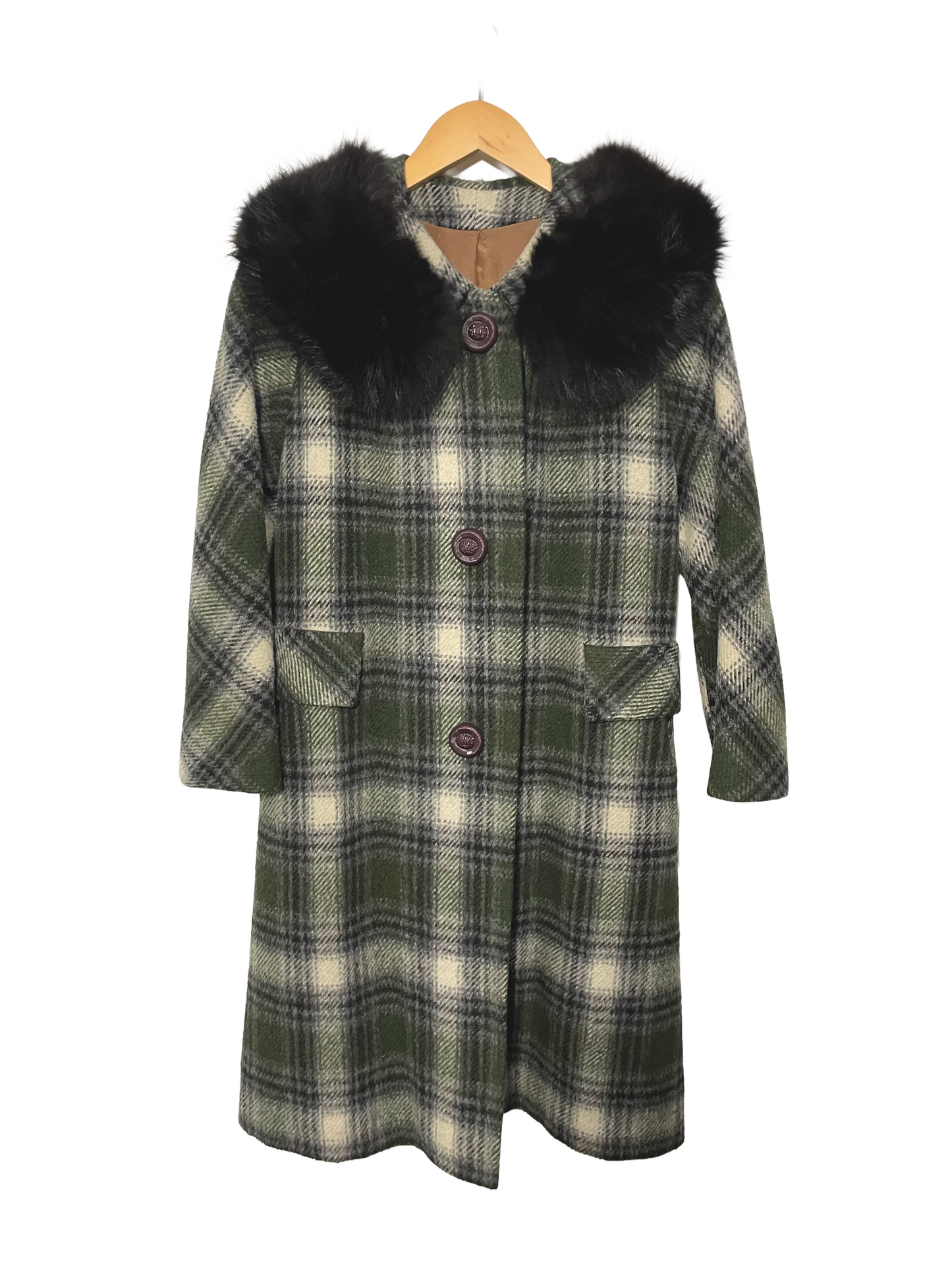 1950s Olive Black Cream Plaid Wool Rabbit Fur Collar Coat