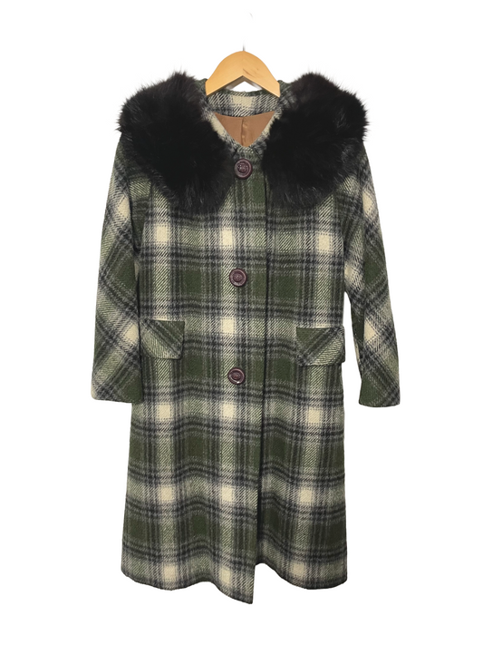 1950s Olive Black Cream Plaid Wool Rabbit Fur Collar Coat