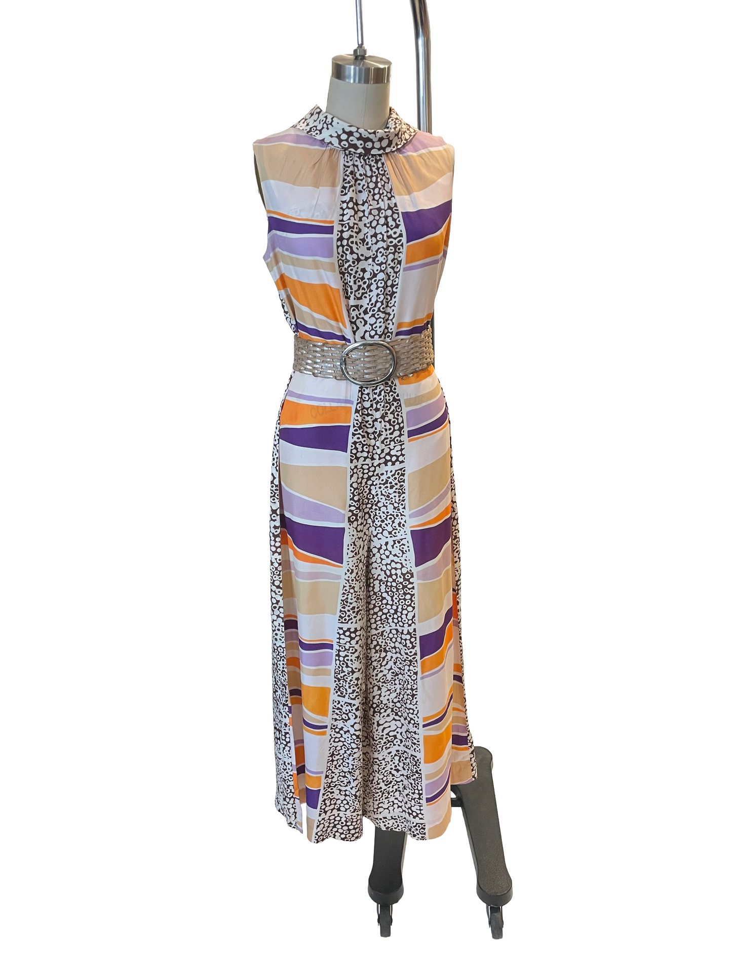 1970s Purple Orange Scarf Print Silky Jumpsuit