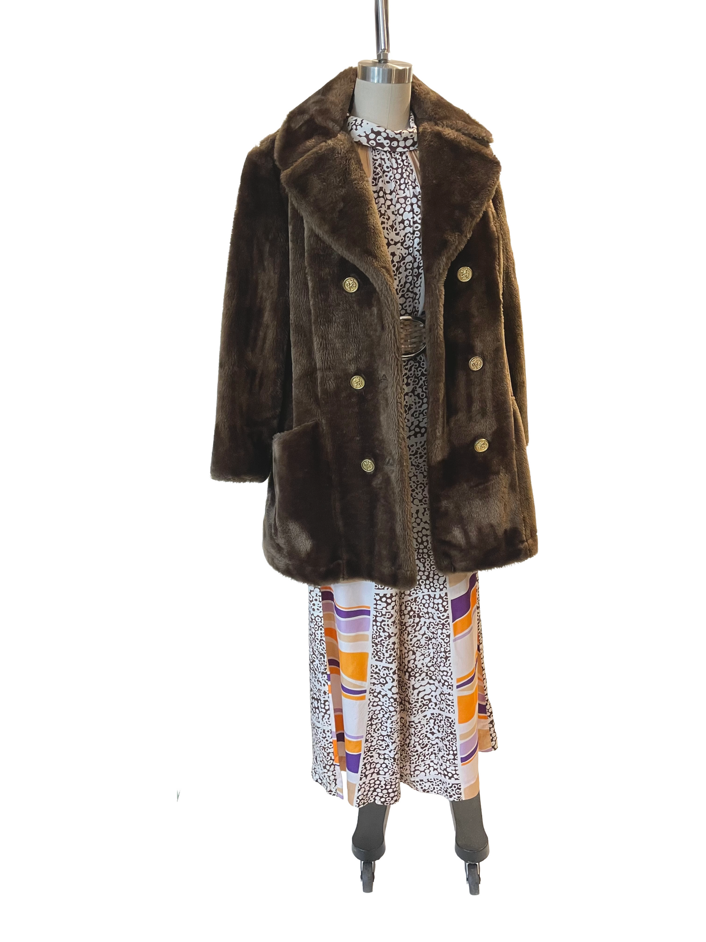 1970s Brown Faux Fur Teddy Bear Plush Double Breasted Coat