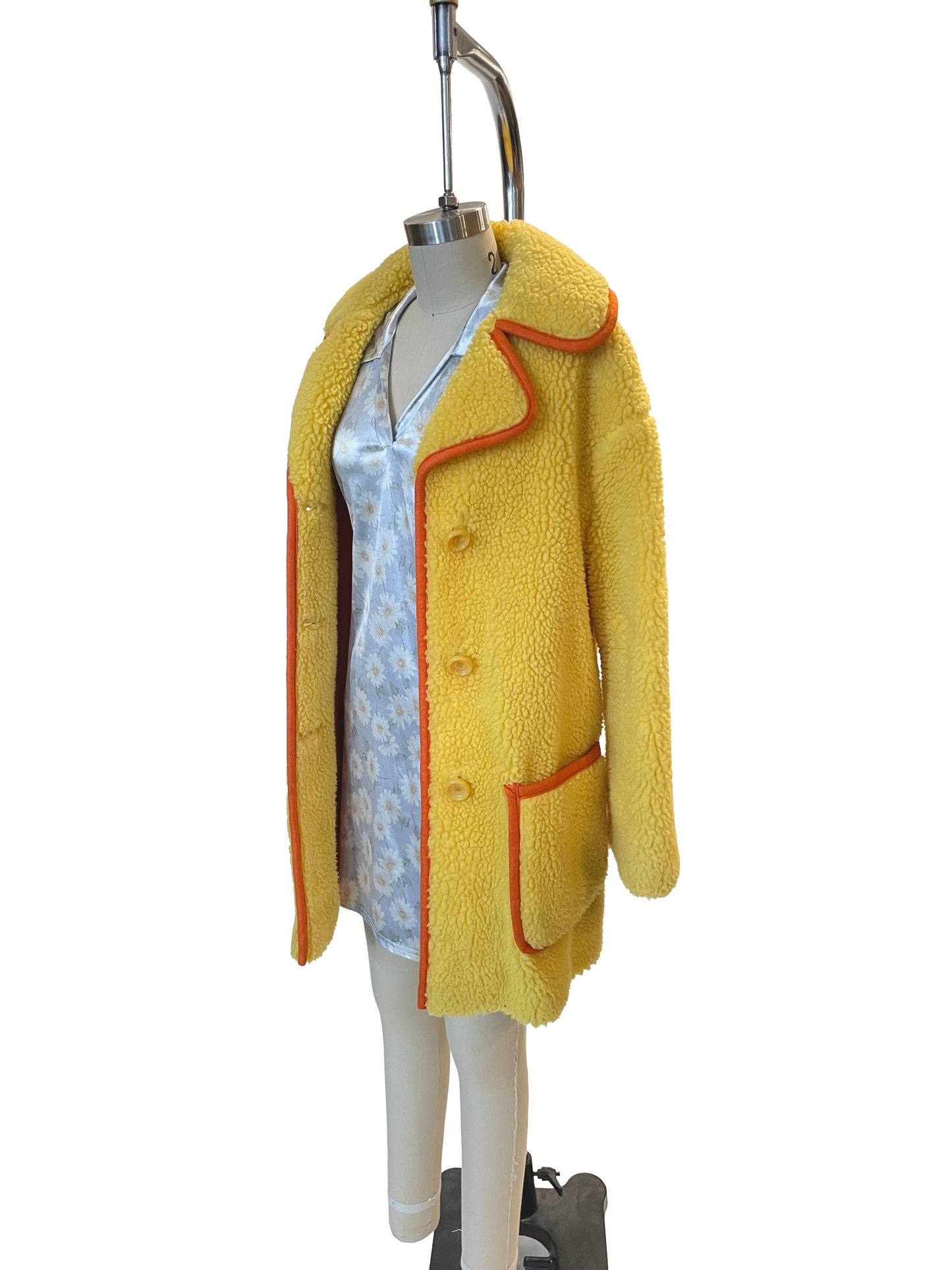 1970s Yellow Fleece Orange Piping Patch Pocket Coat