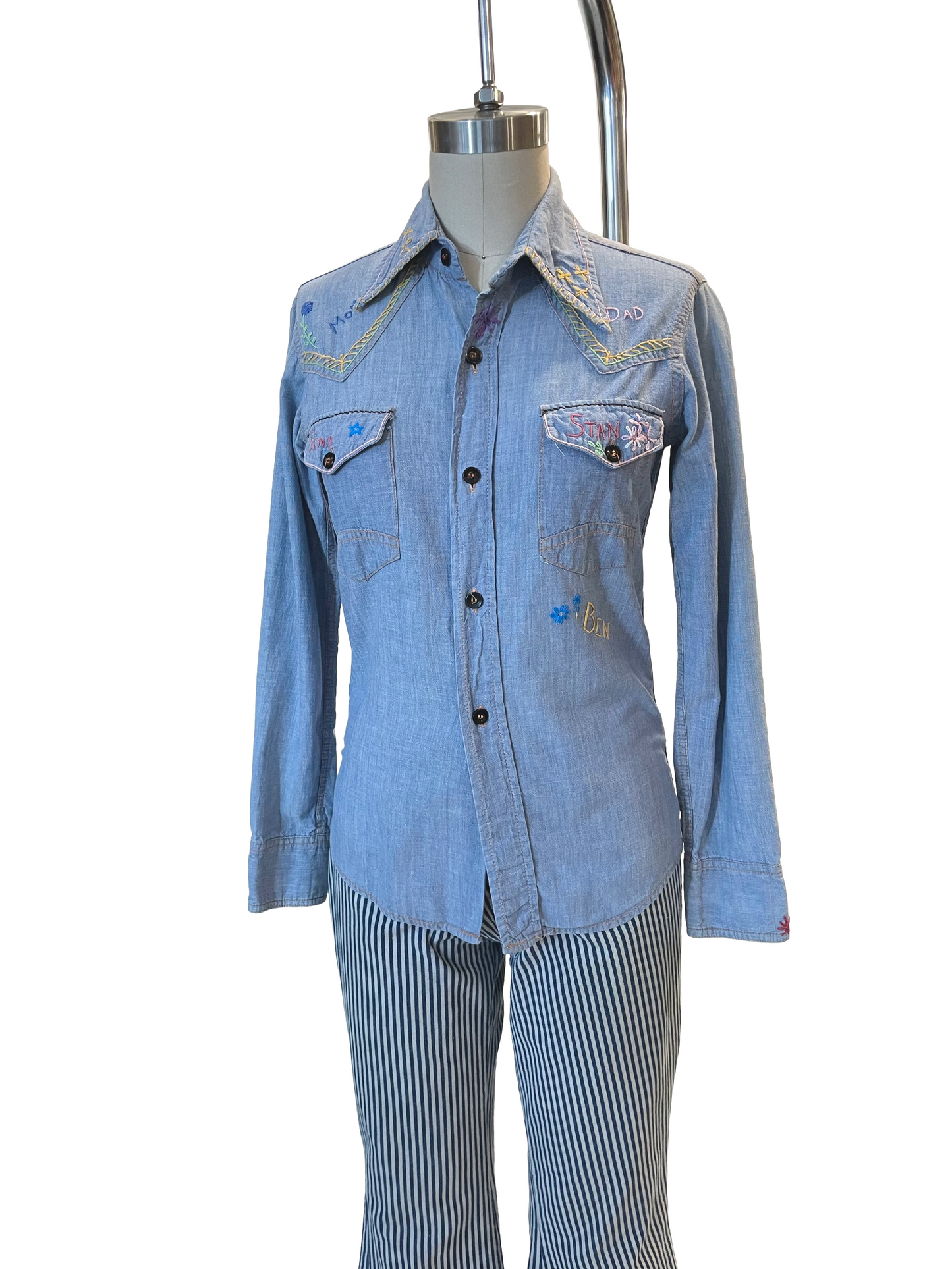 1970s Hand Embroidered Cotton Chambray Shirt