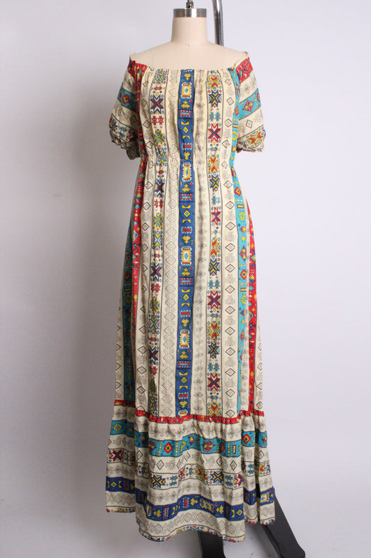 1970s Off-White Cotton Geometric Tapestry Print Off-Shoulder Dress