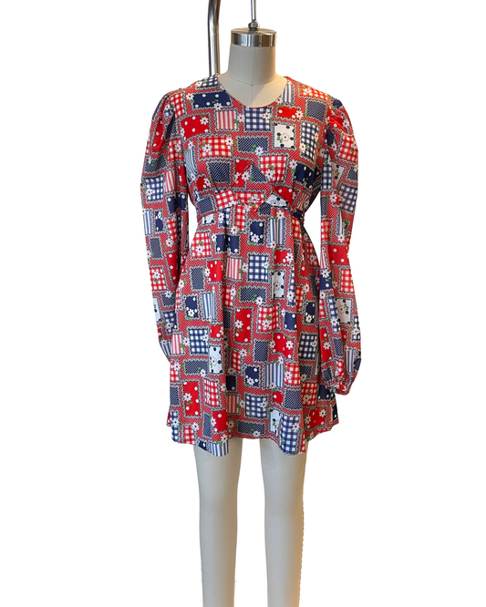 1970s Red White Blue Gingham Floral Polka Dot Print Tie Back Babydoll Dress