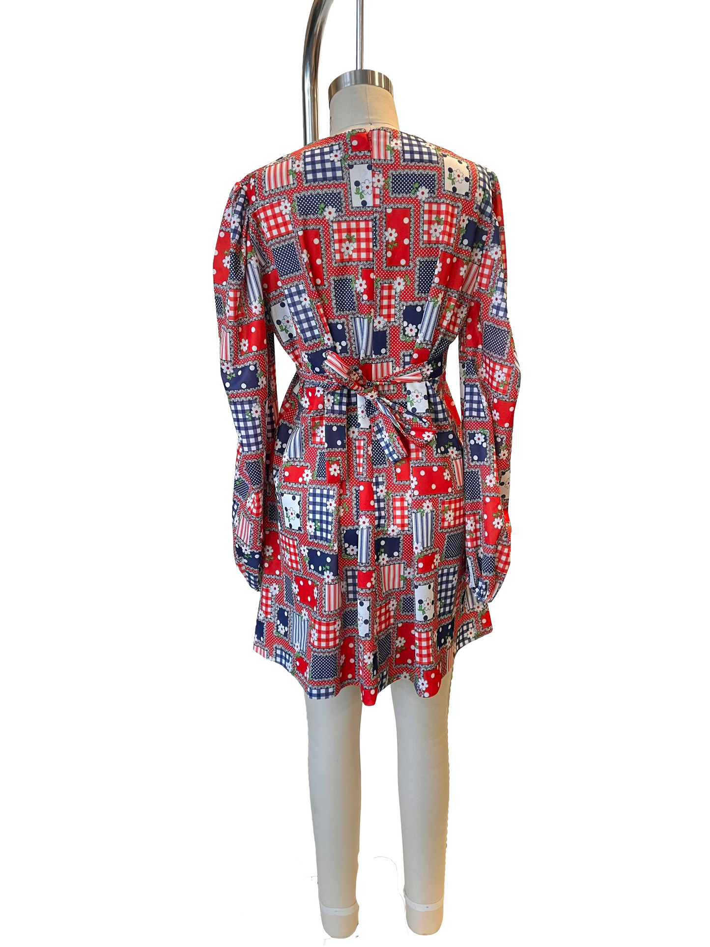 1970s Red White Blue Gingham Floral Polka Dot Print Tie Back Babydoll Dress