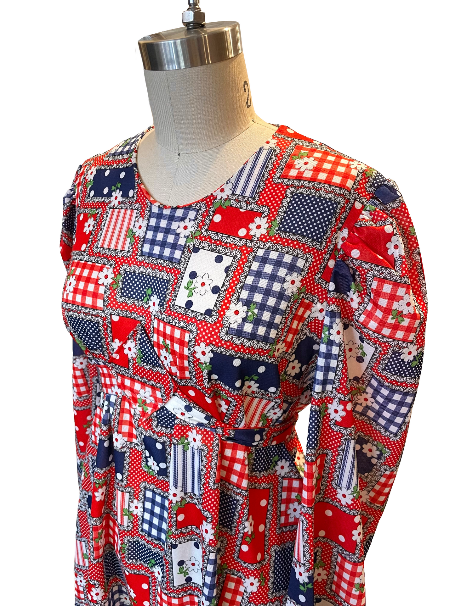 1970s Red White Blue Gingham Floral Polka Dot Print Tie Back Babydoll Dress