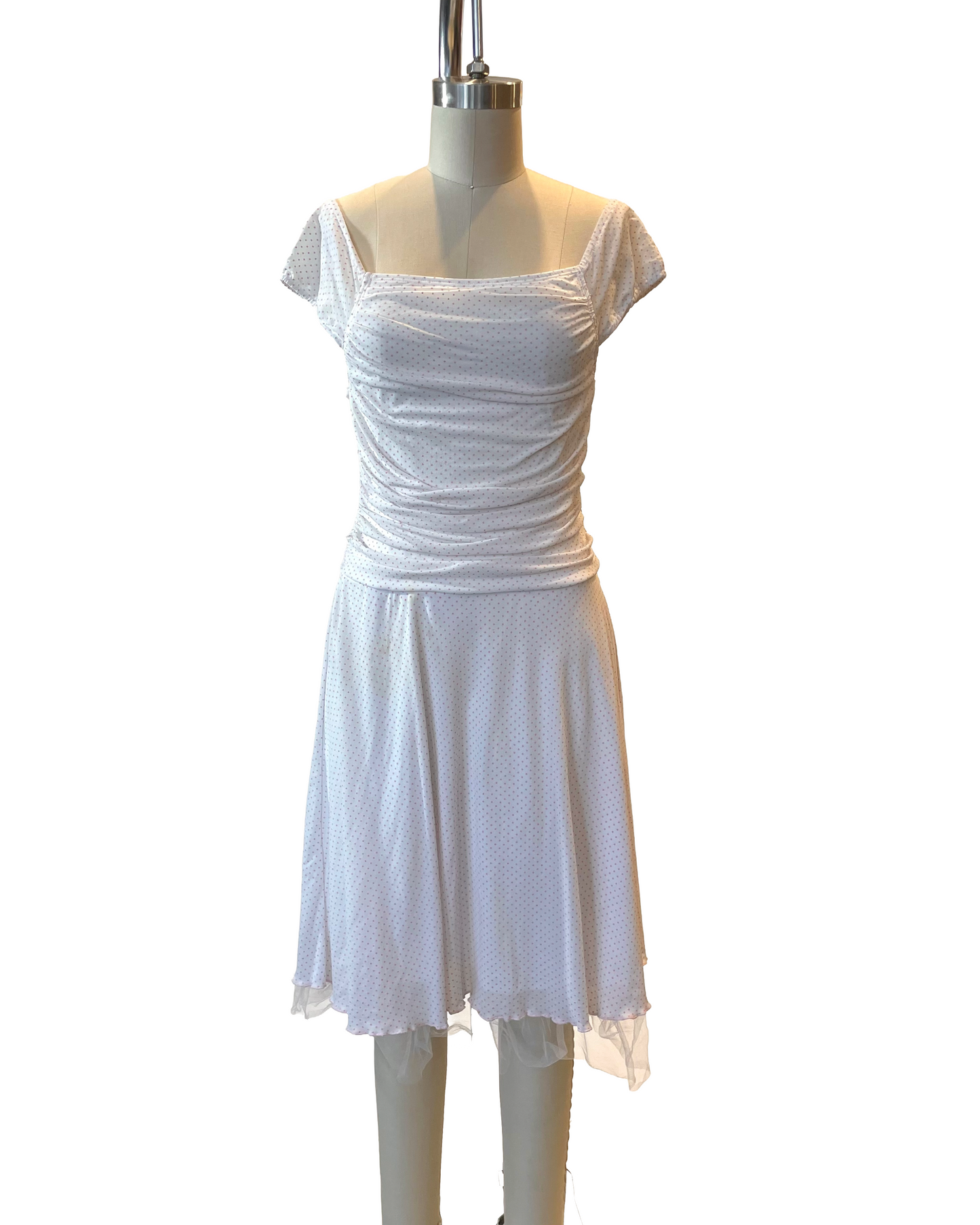 2000s White Pink Polka Dot Flutter Dress