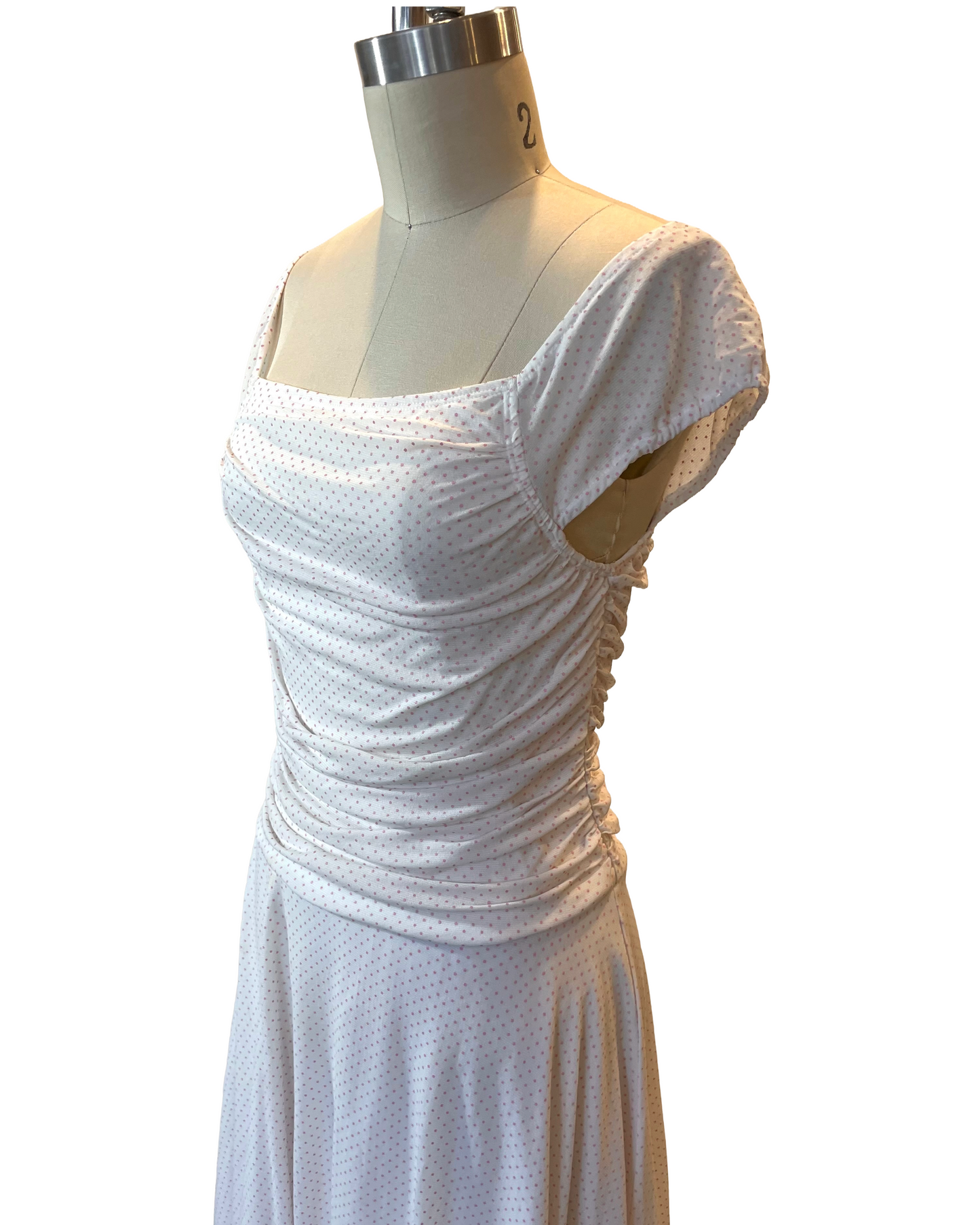 2000s White Pink Polka Dot Flutter Dress