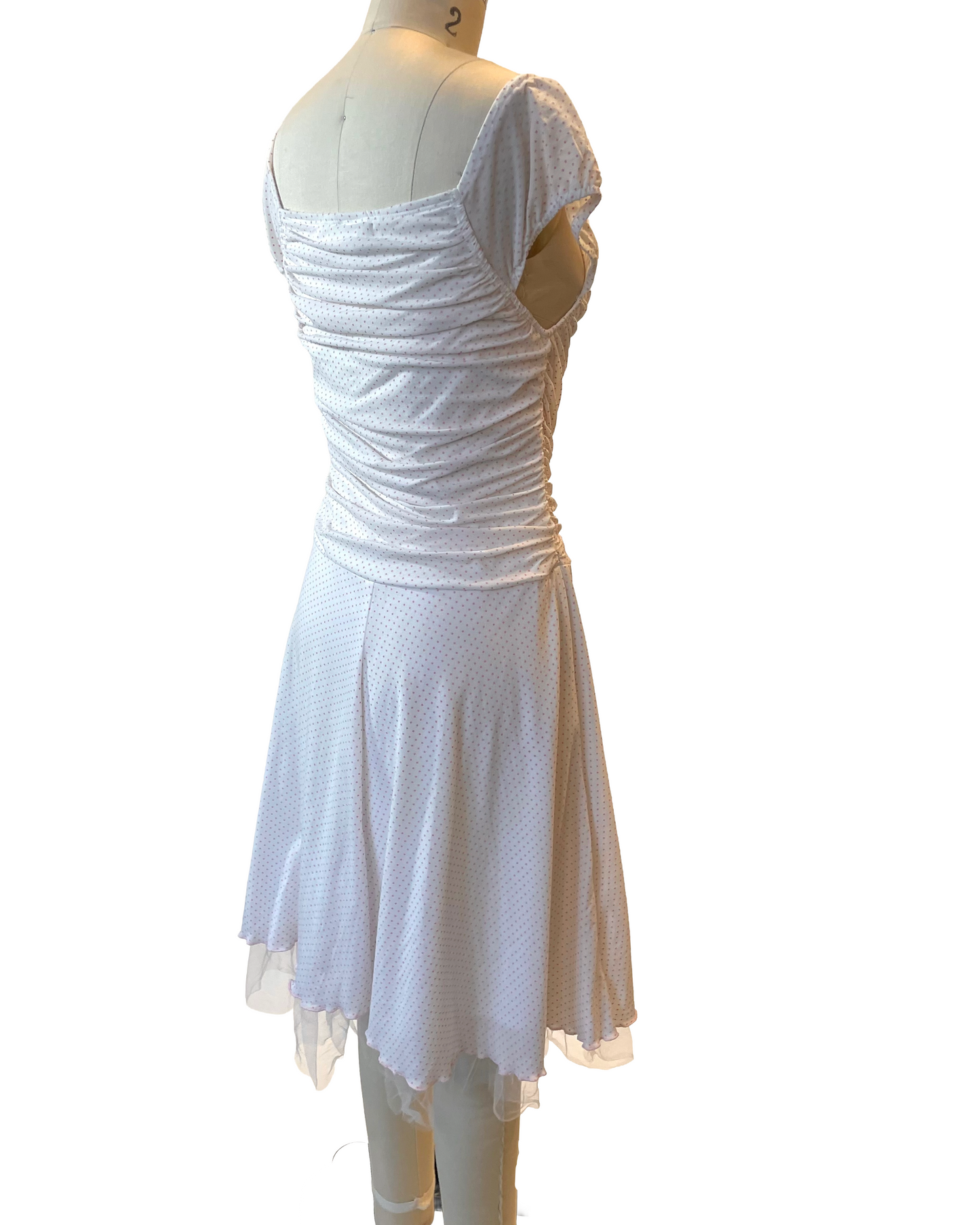 2000s White Pink Polka Dot Flutter Dress