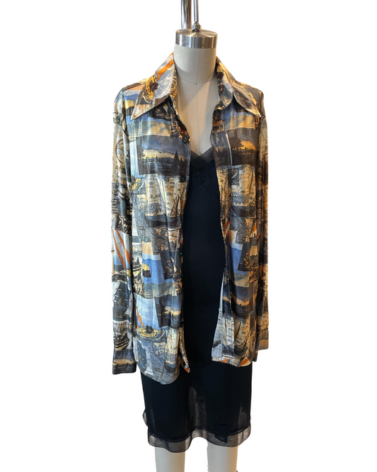 1970s Photoreal Boats Nylon Disco Shirt