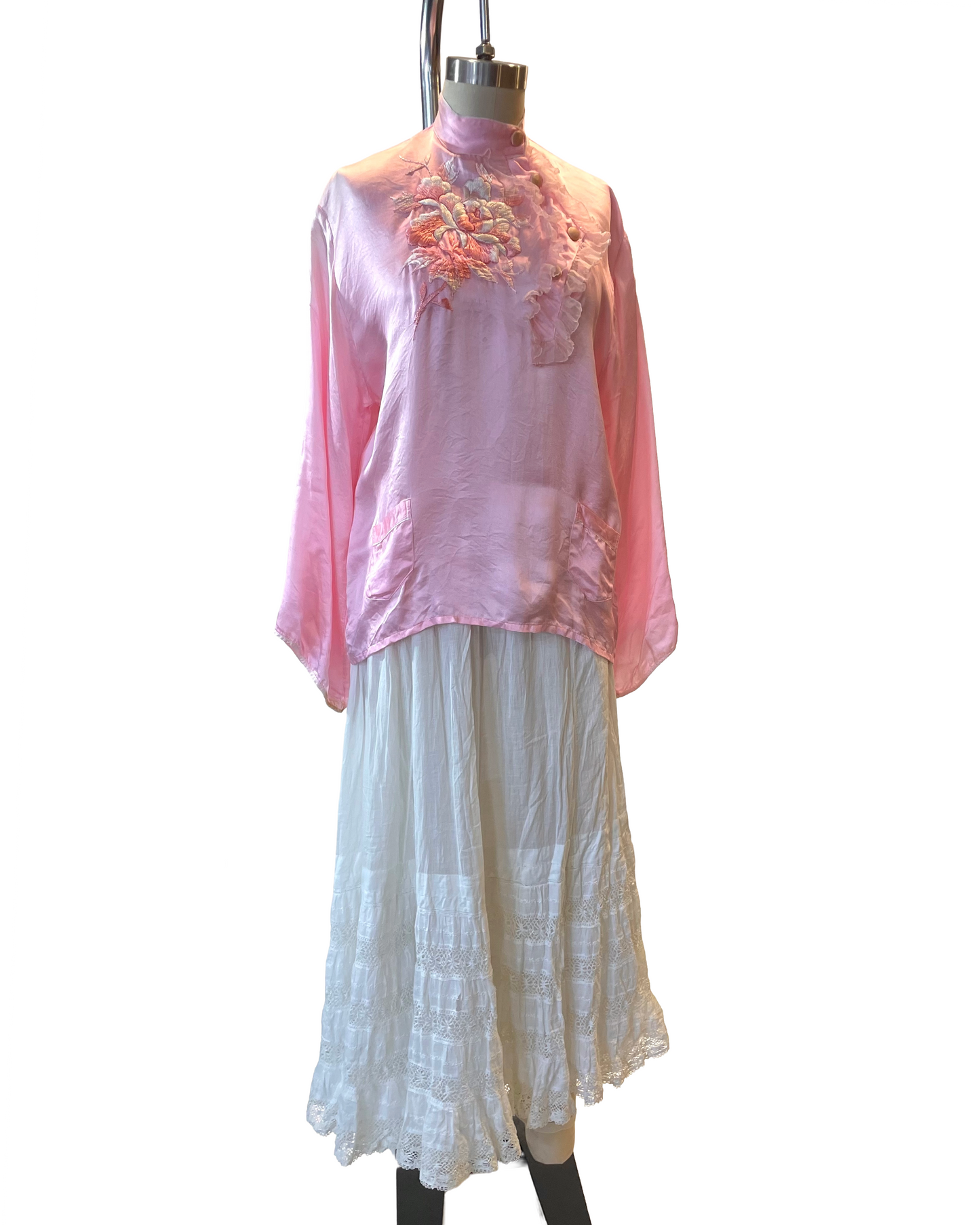 1940s Pink Silk Satin Rayon Asian Embroidered Top