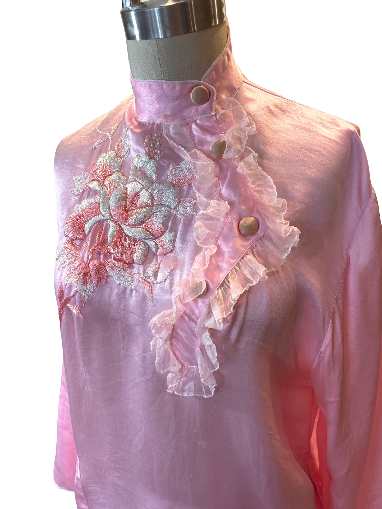 1940s Pink Silk Satin Rayon Asian Embroidered Top