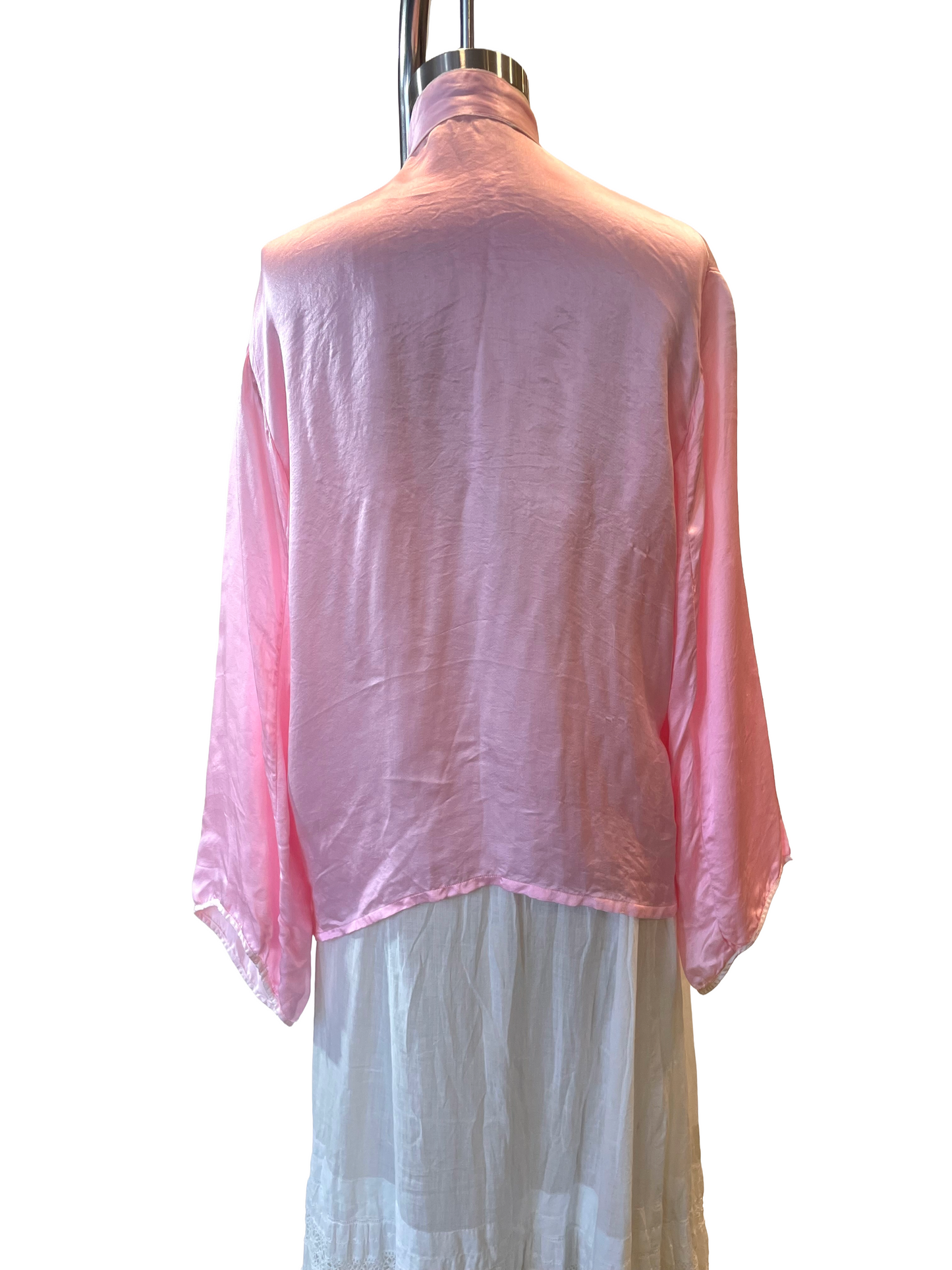1940s Pink Silk Satin Rayon Asian Embroidered Top