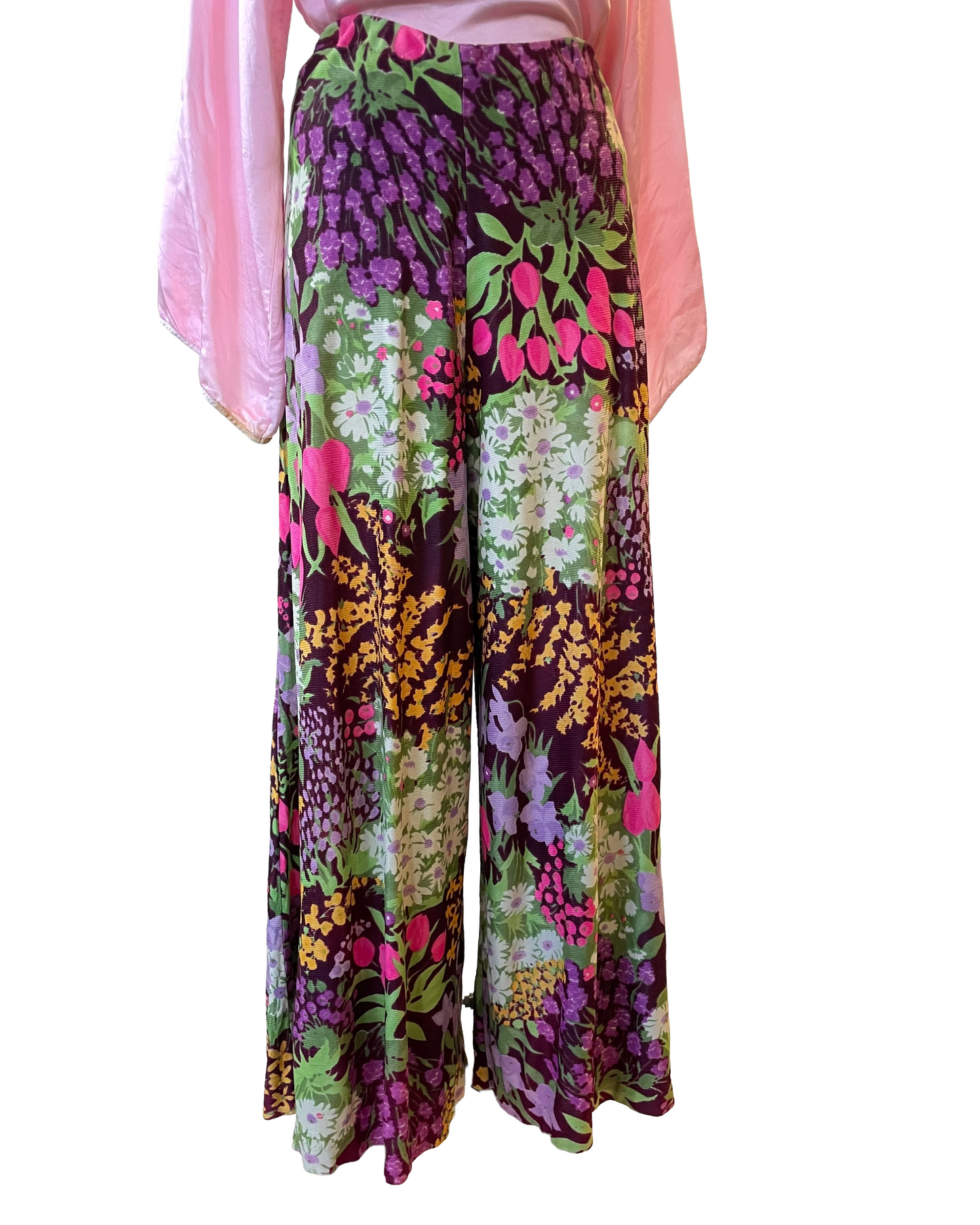 1970s Bright Floral Nylon Palazzo Pants