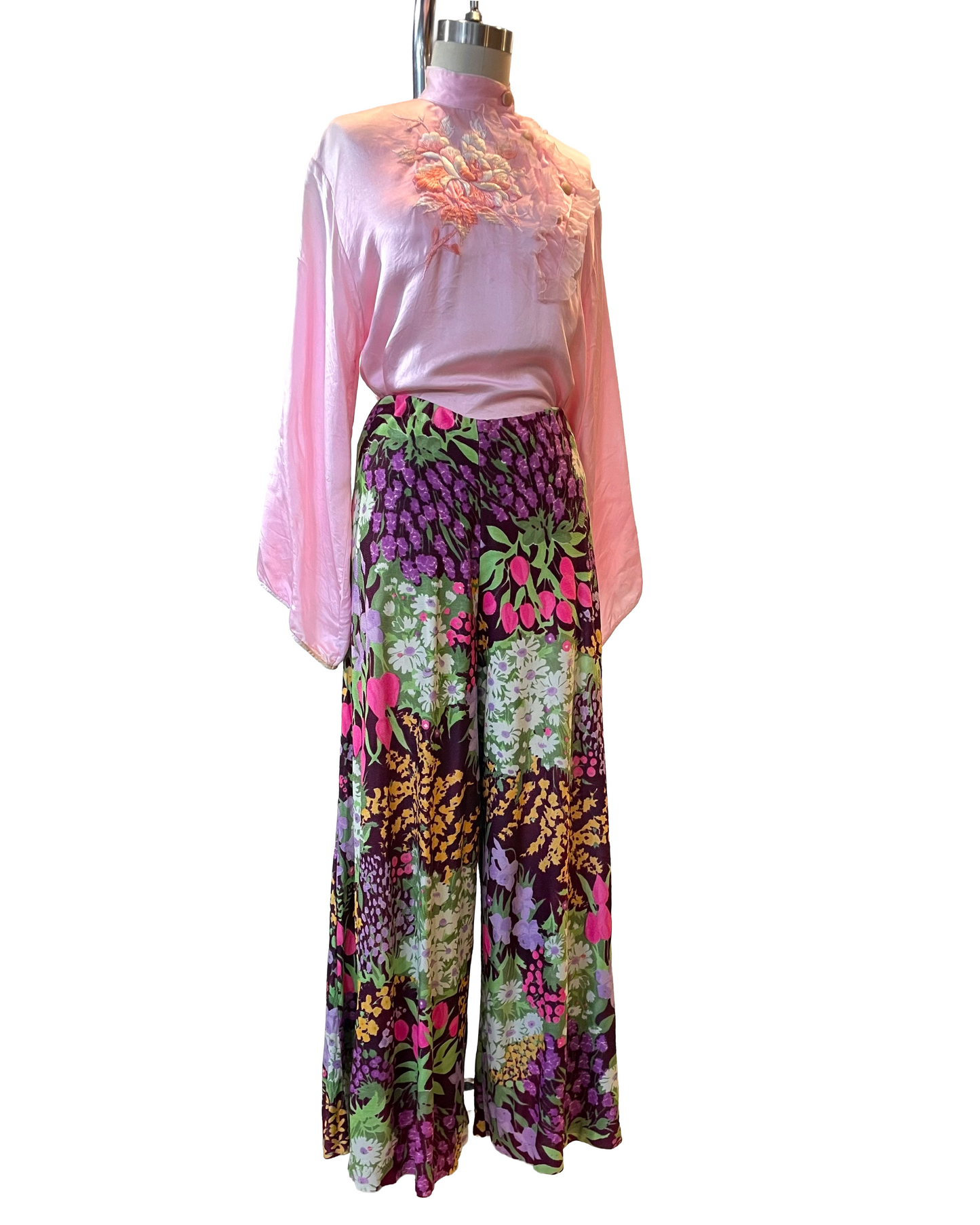 1970s Bright Floral Nylon Palazzo Pants