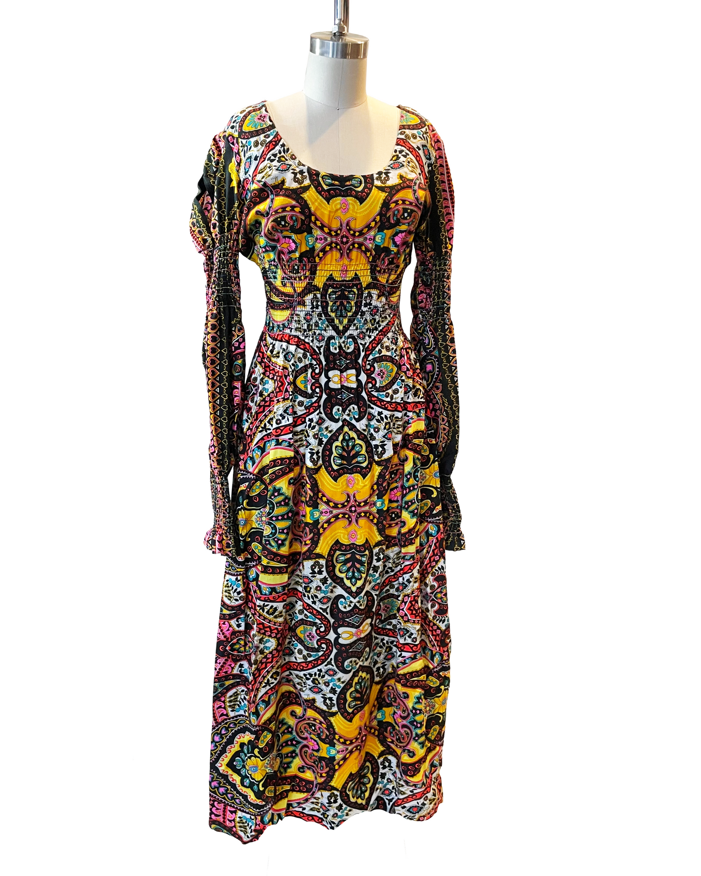 1960s Bold Paisley Slit Sleeves Smocked Peasant Maxi Dress
