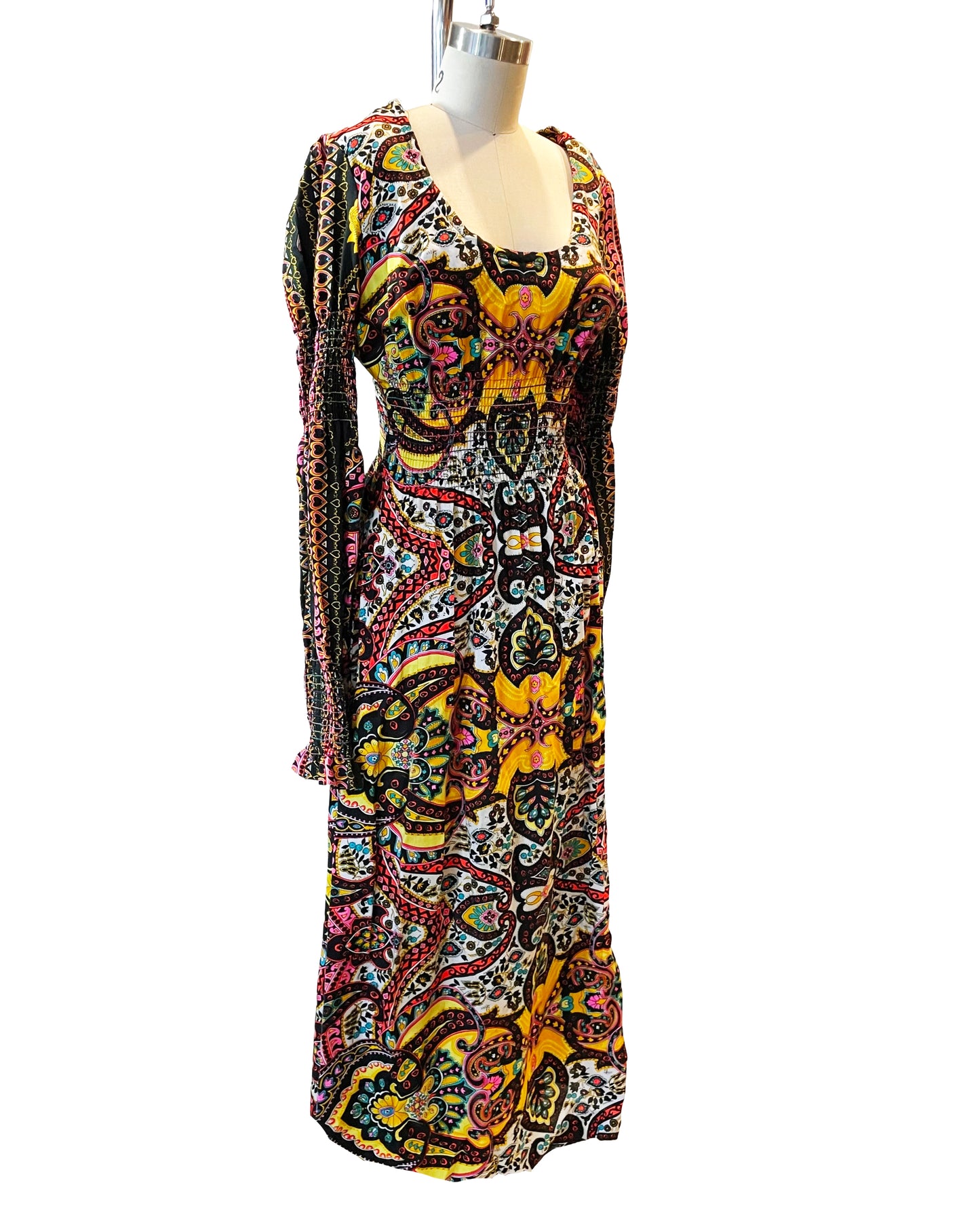 1960s Bold Paisley Slit Sleeves Smocked Peasant Maxi Dress
