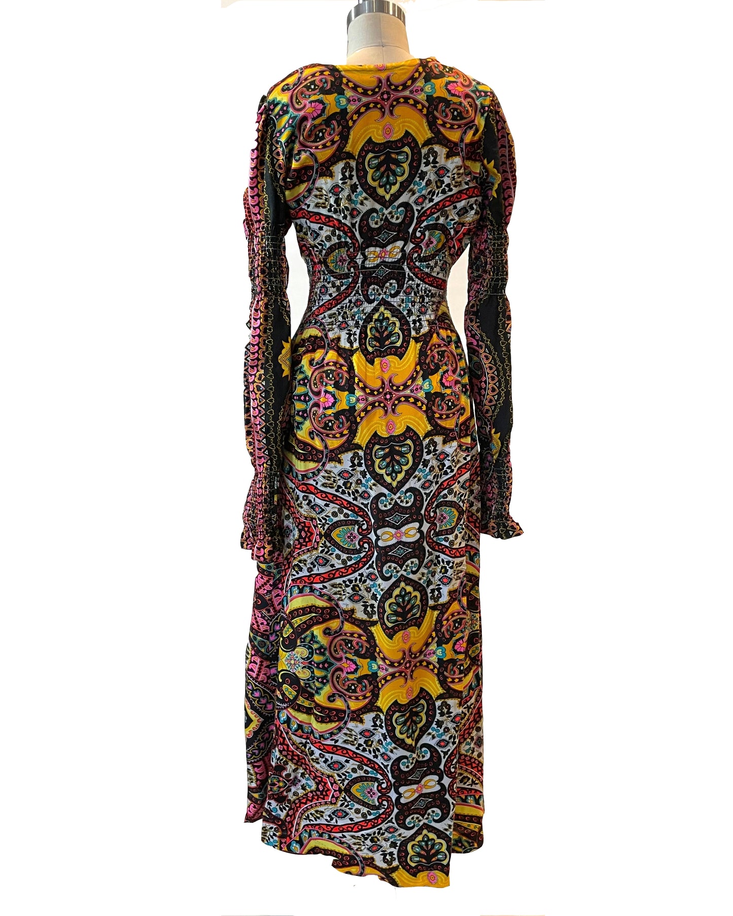 1960s Bold Paisley Slit Sleeves Smocked Peasant Maxi Dress