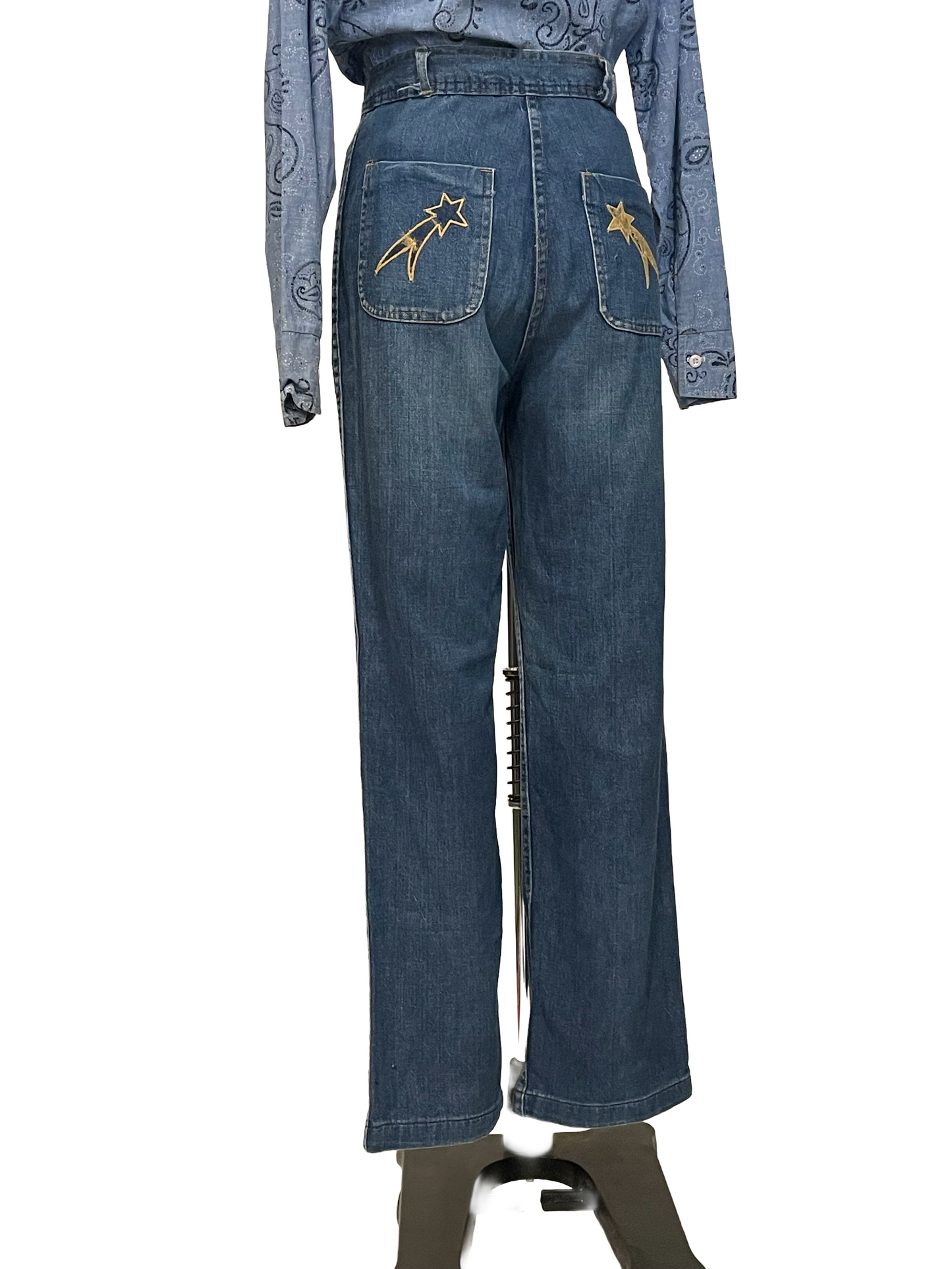1970s High Rise Star Embroidred Pocket Jeans