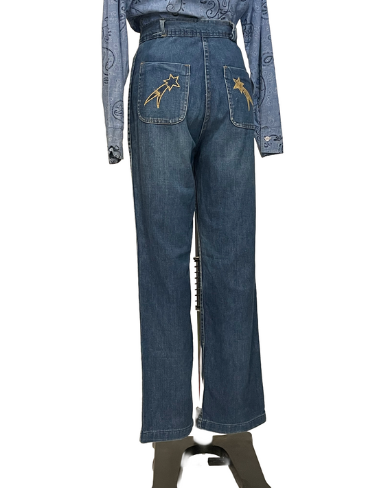 1970s High Rise Star Embroidred Pocket Jeans