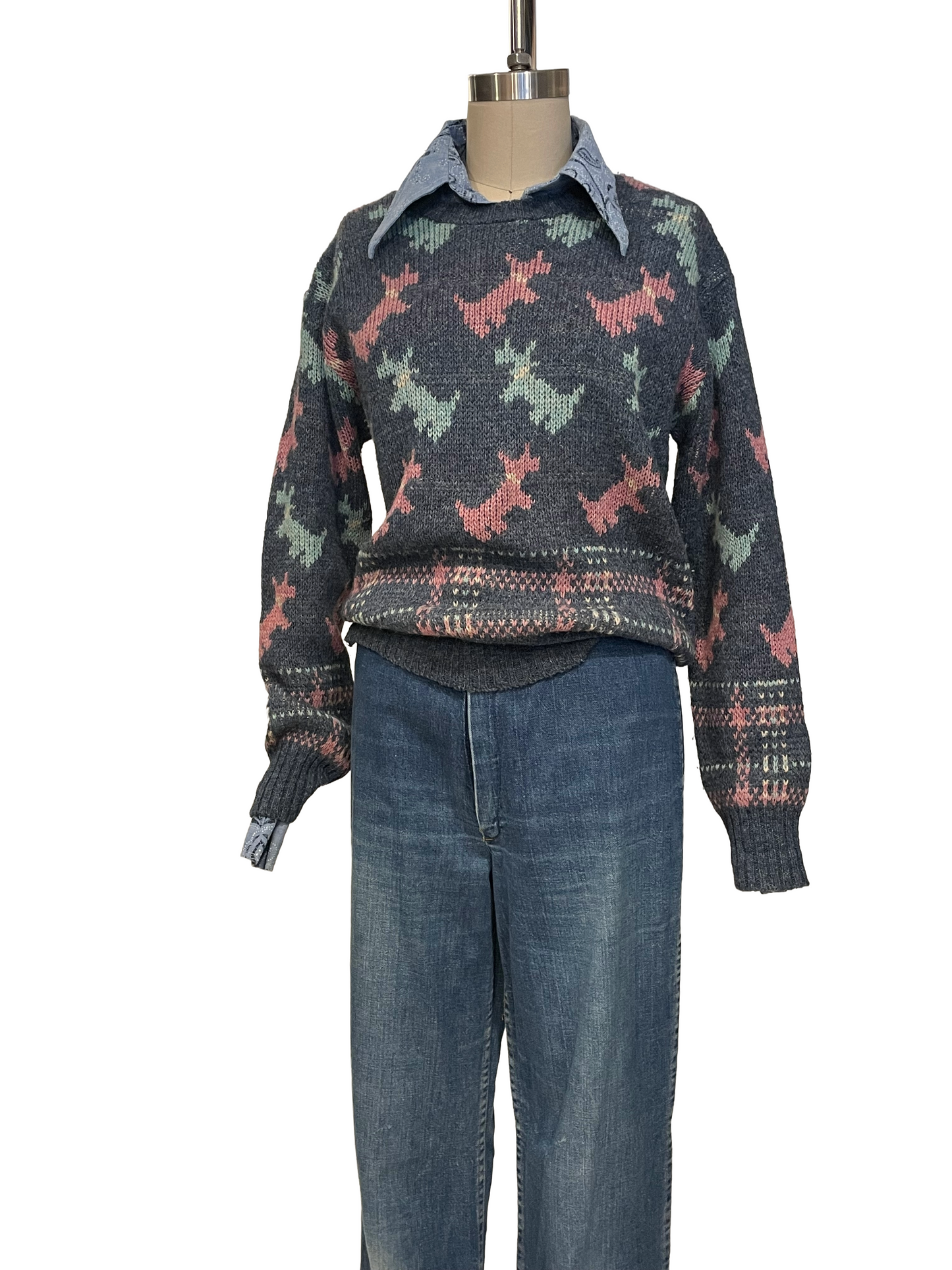 1990s Blue Pink Baby Blue Plaid Scottie Dogs Wool Cropped Sweater