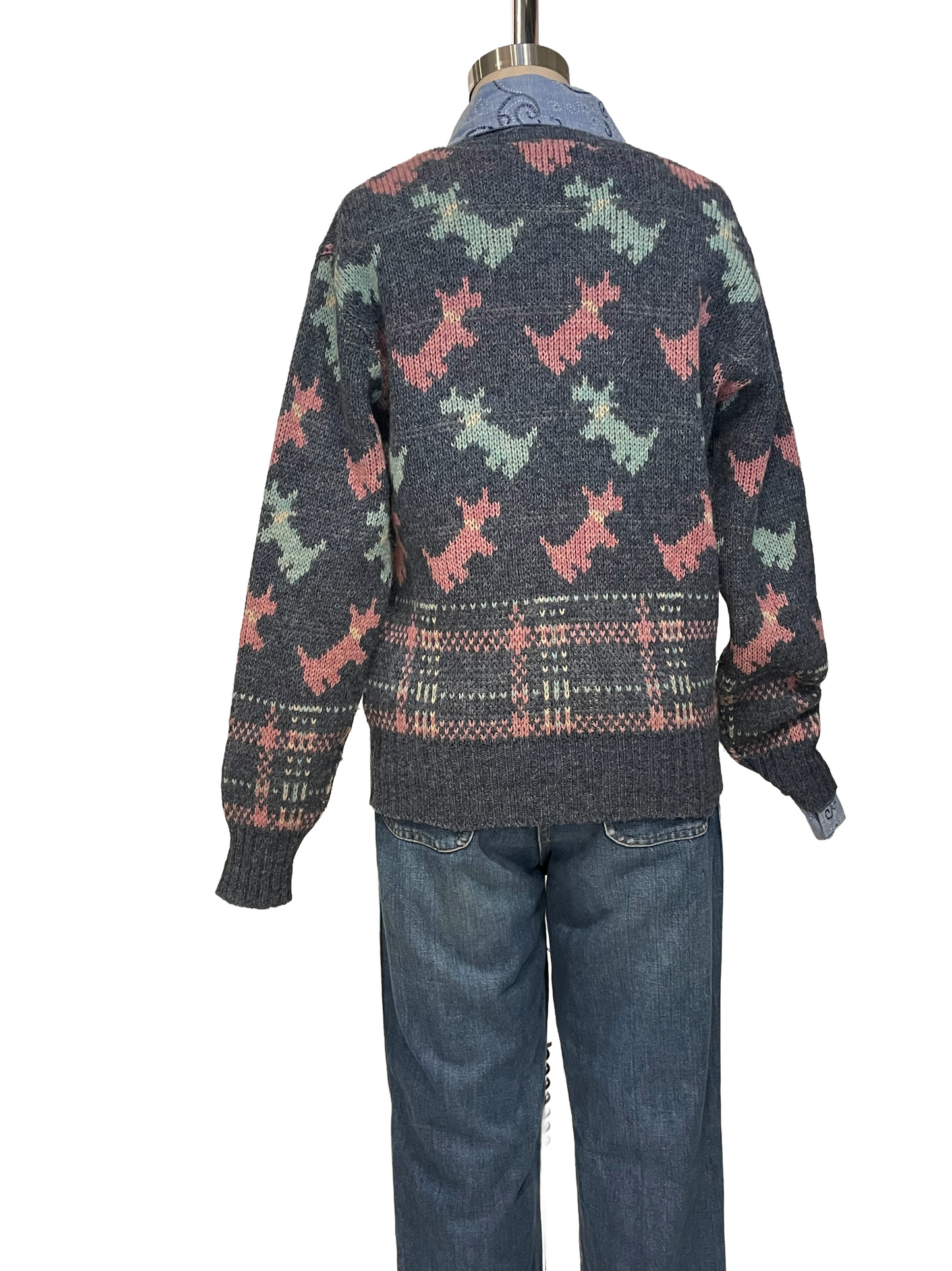 1990s Blue Pink Baby Blue Plaid Scottie Dogs Wool Cropped Sweater