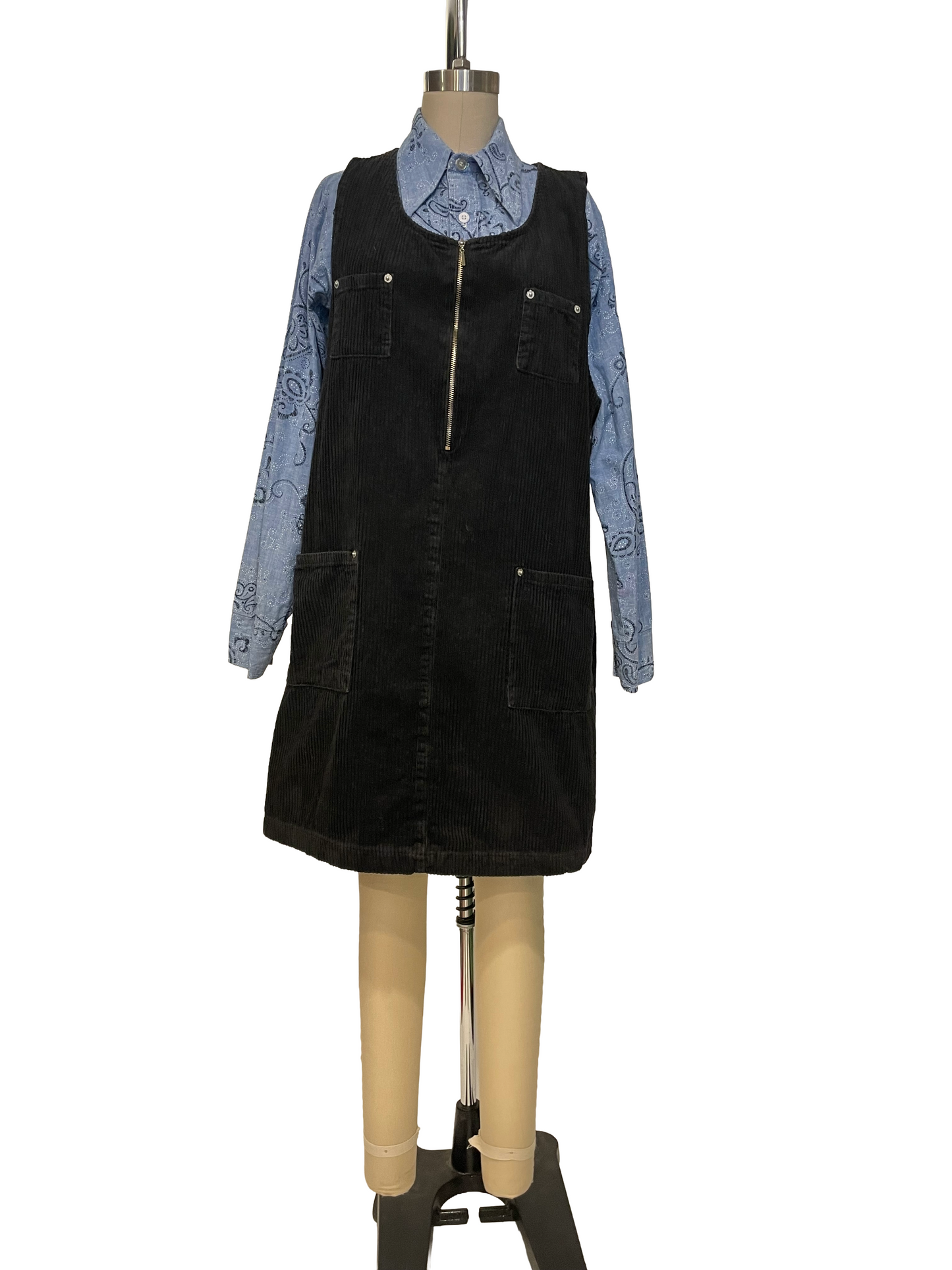 1990s Black Zip Corduroy Jumper Dress