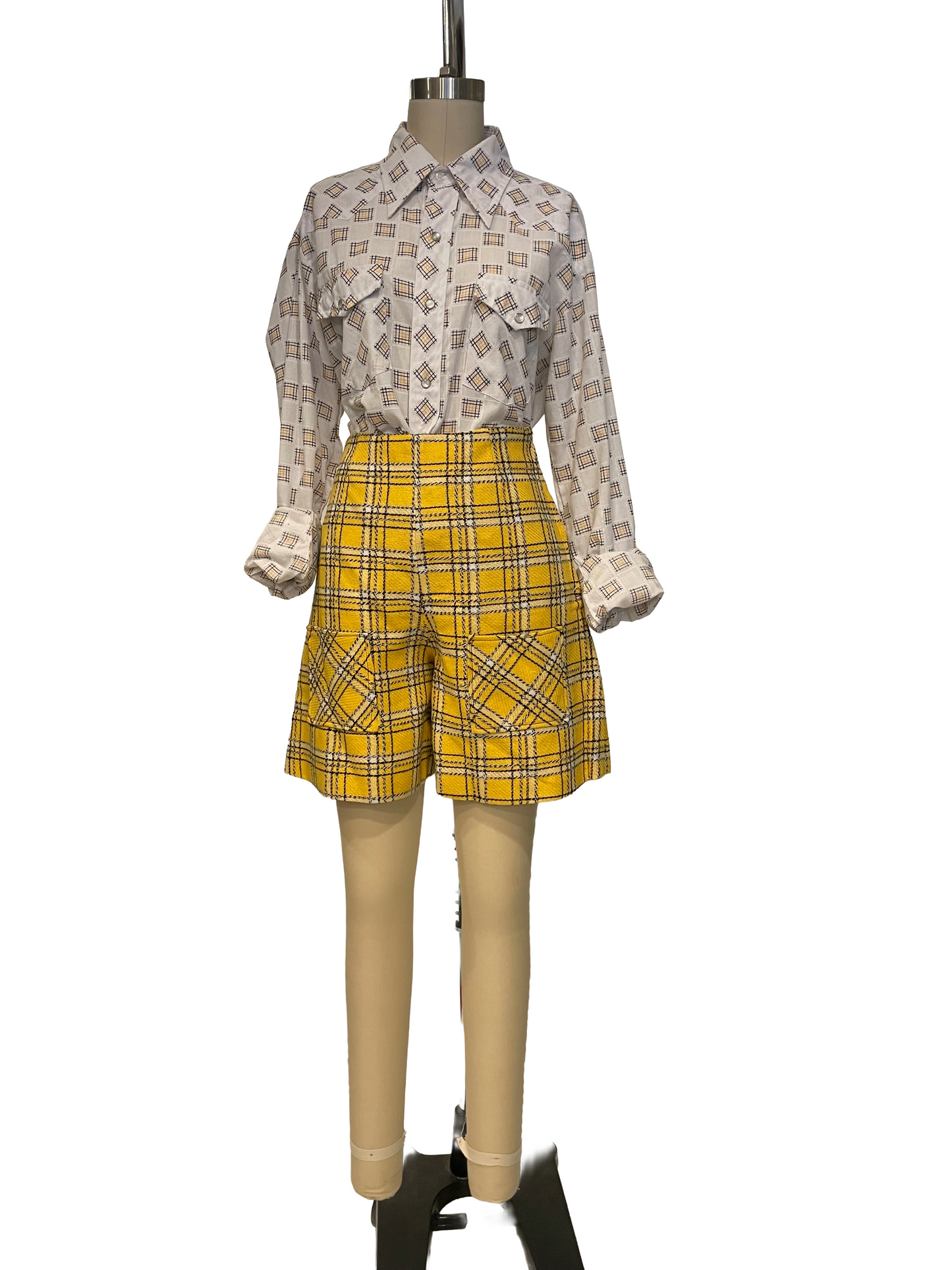 1960s Yellow Black White 2 Pocket Handmade Side Zip Shorts