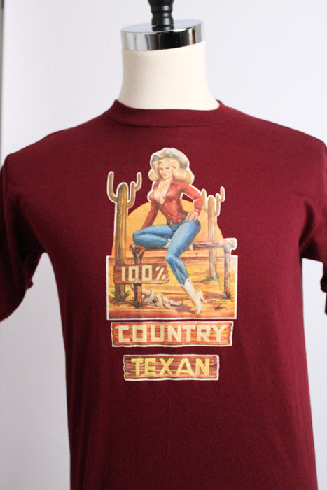1970s Maroon Country Texan Cowgirl Decal Tee