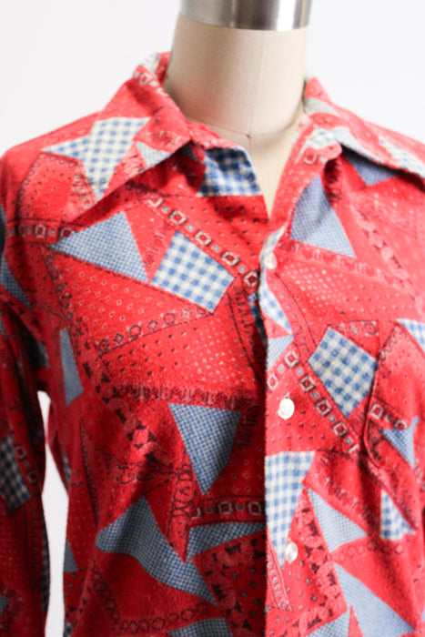 1970s Red Blue White Cotton Bandana Gingham Print Flannel