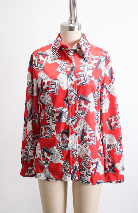 1970s Red Abstract Newspaper Print Polyester Blouse