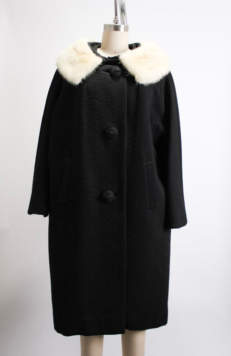 1950s Black Textured Mink Collar Swing Coat