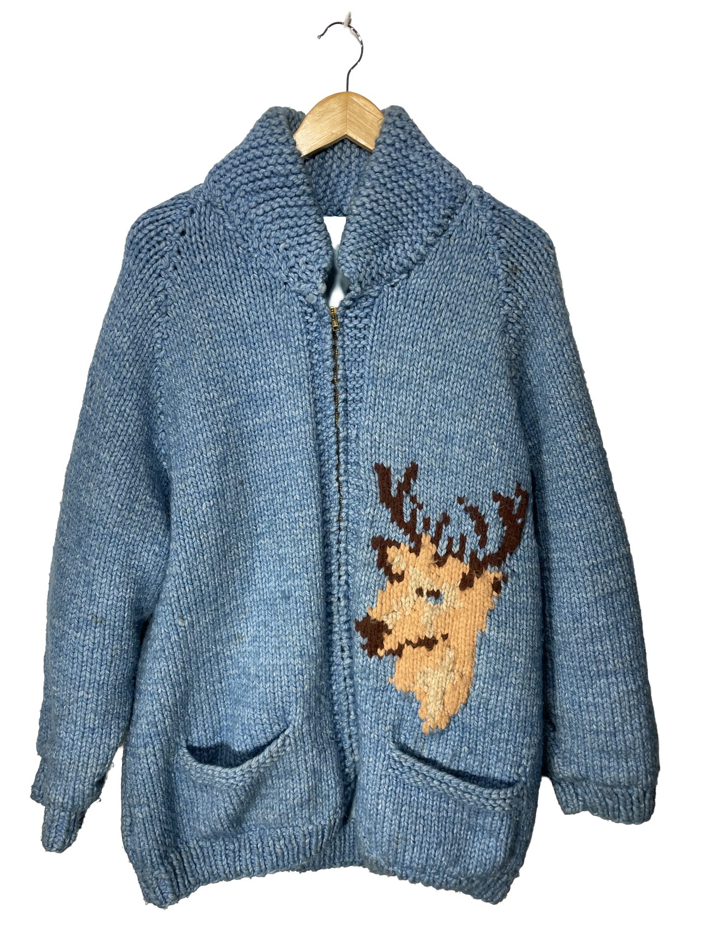 1960s Hand-Knit Wool Light Blue XL Buck Motif Zip Cowichan-Style Cardigan