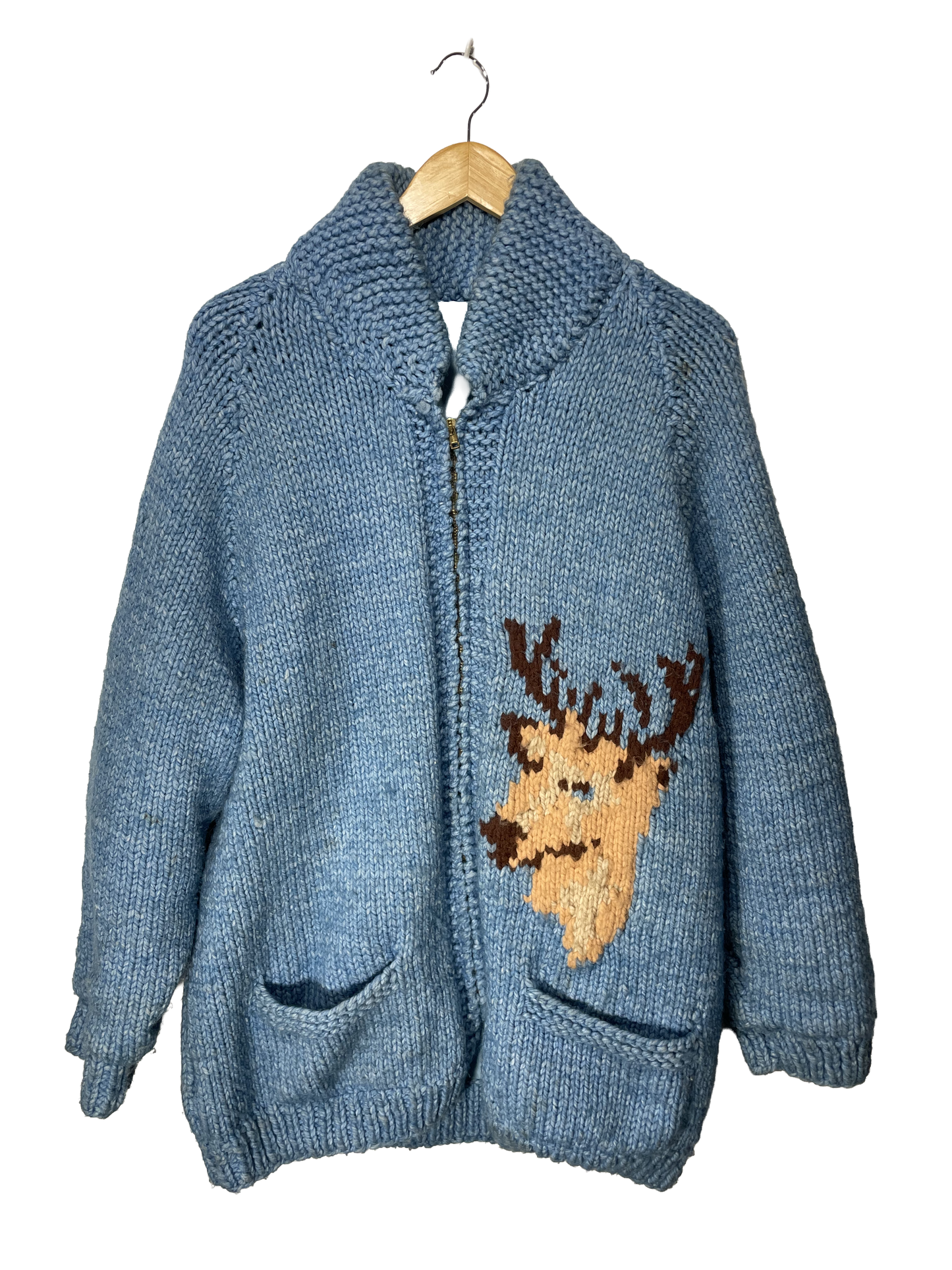 1960s Hand-Knit Wool Light Blue XL Buck Motif Zip Cowichan-Style Cardigan