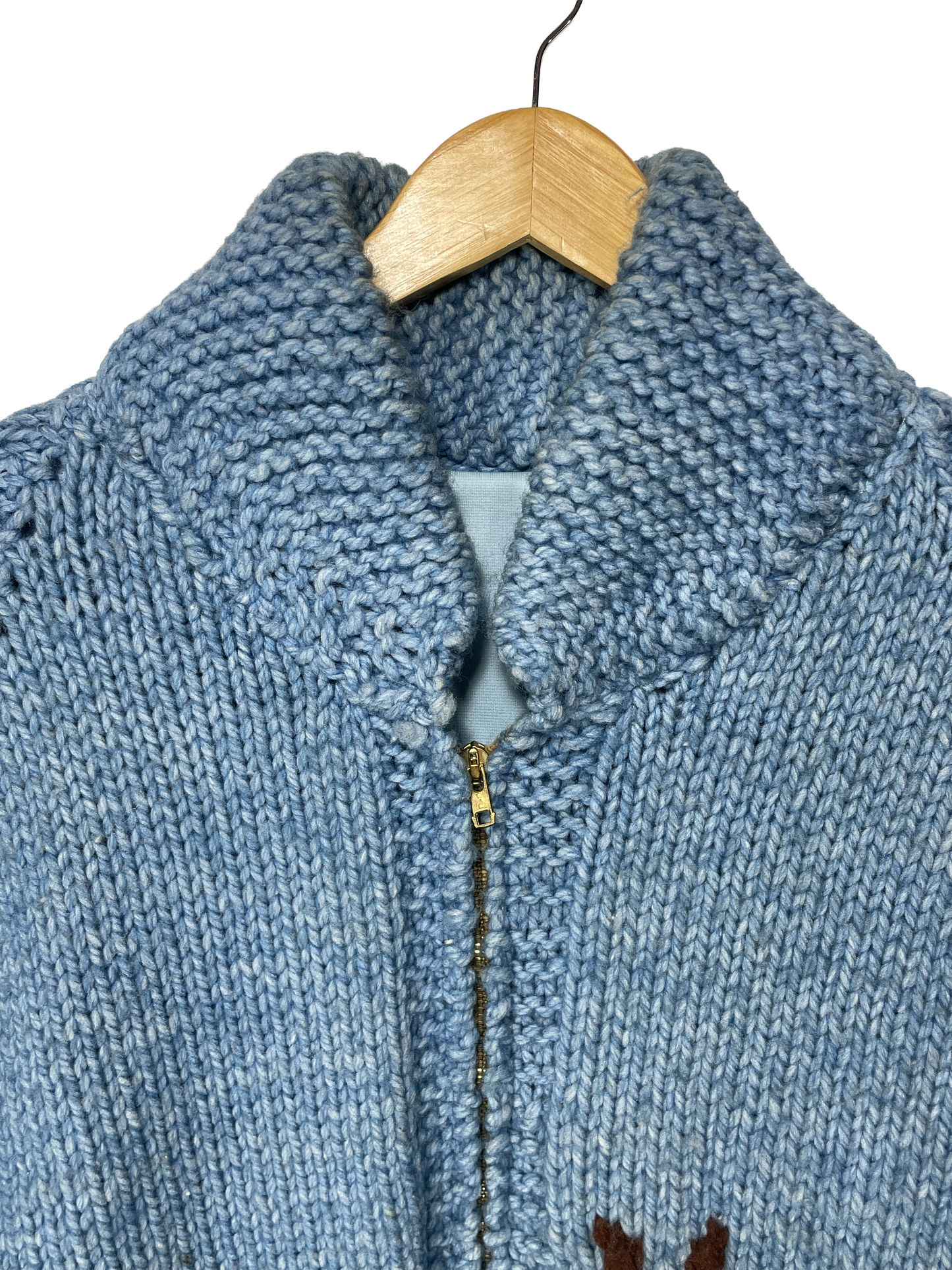 1960s Hand-Knit Wool Light Blue XL Buck Motif Zip Cowichan-Style Cardigan