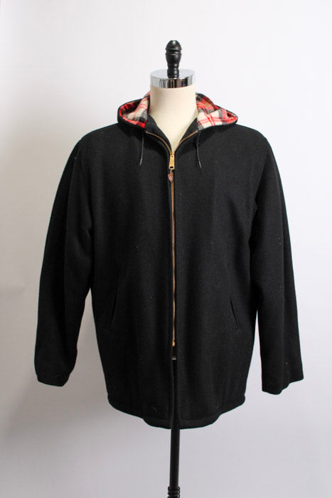 1950s Black Red Checkered Hood Wool Quilt Lining Talon Zip Coat