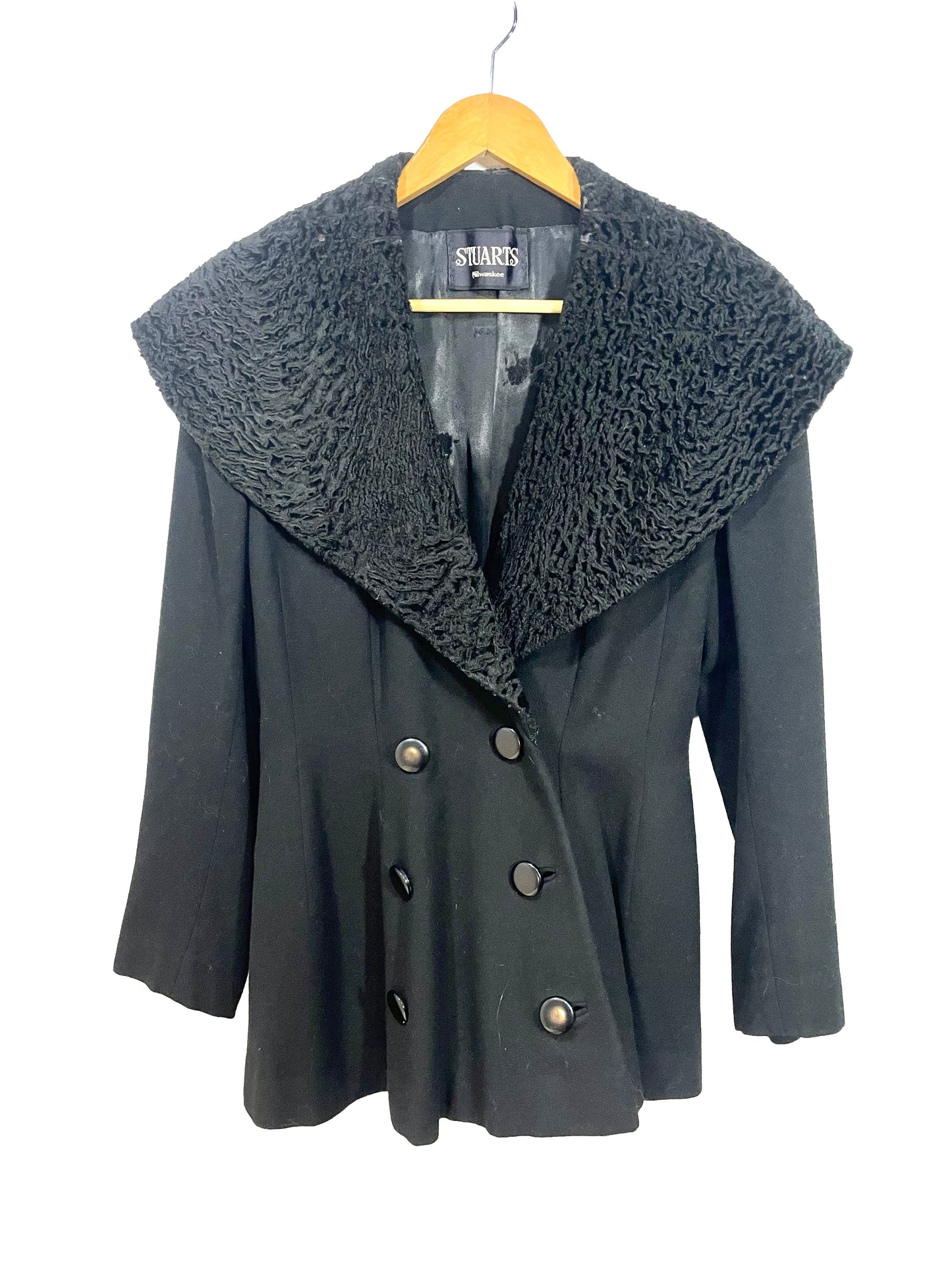 1950s Black Wool Felt Wide Lambs Fur Collar Fit & Flare Coat