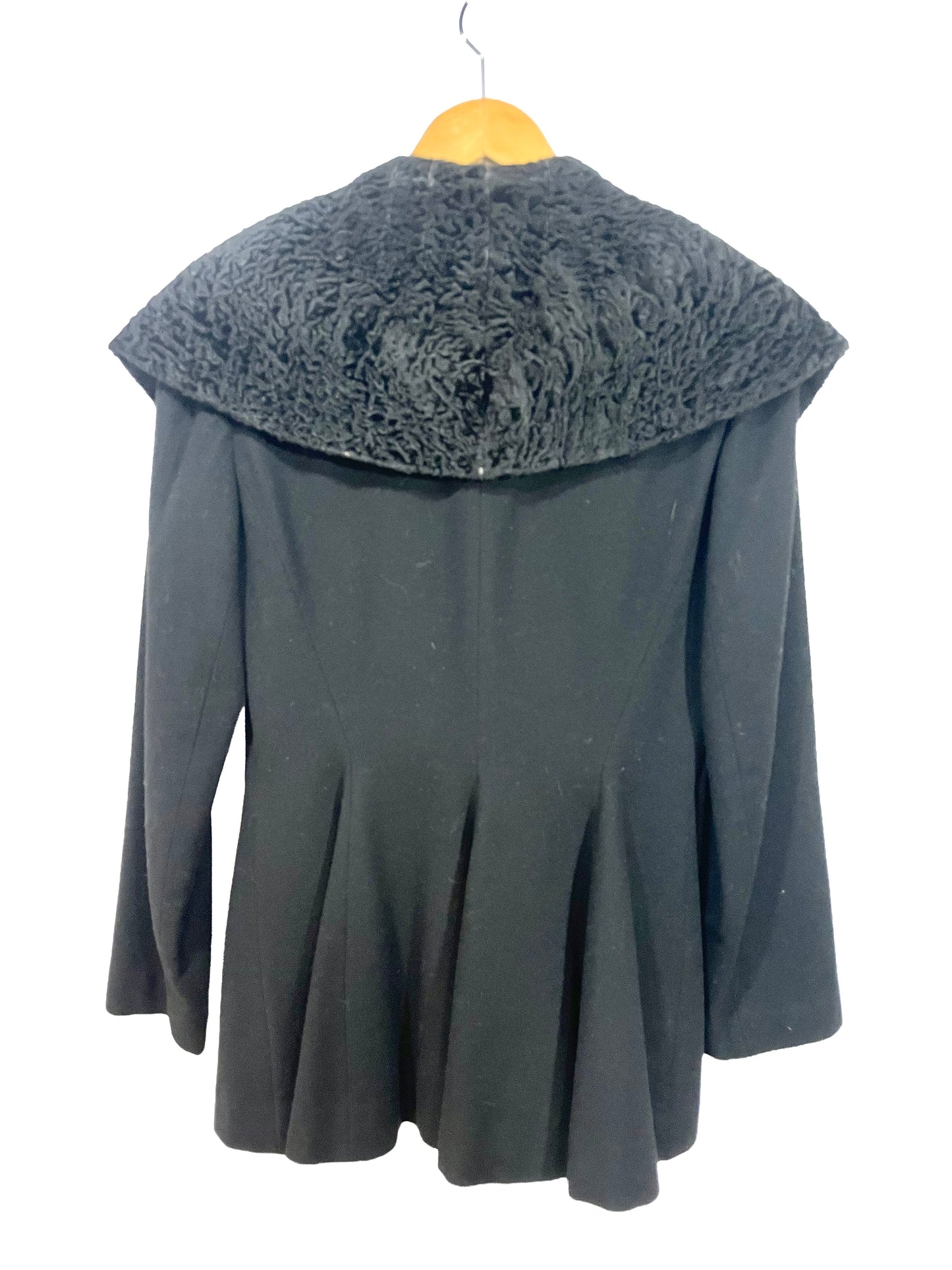 1950s Black Wool Felt Wide Lambs Fur Collar Fit & Flare Coat