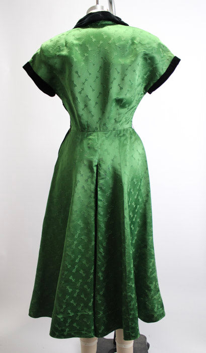 1940s Green Arrow Flocked Black Velvet Cocktail Dress