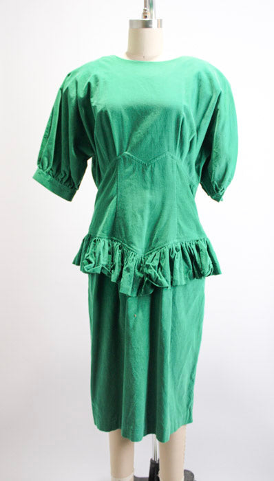 1980s Green Corduroy Ruffle Peplum Basque Waist Dress
