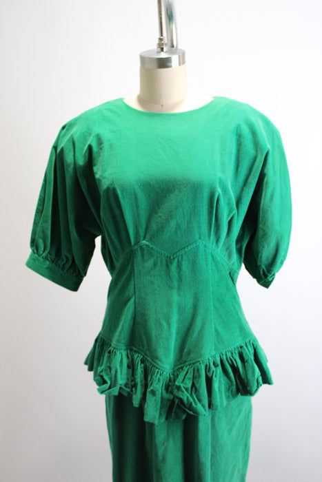 1980s Green Corduroy Ruffle Peplum Basque Waist Dress