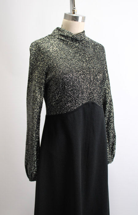 1970s Silver Metallic Reverse Collar Black Knit Maxi Gown