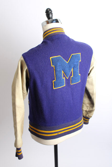 1950s Purple Gold Leather Sleeve ‘M’ Chenille Patch Varsity Jacket